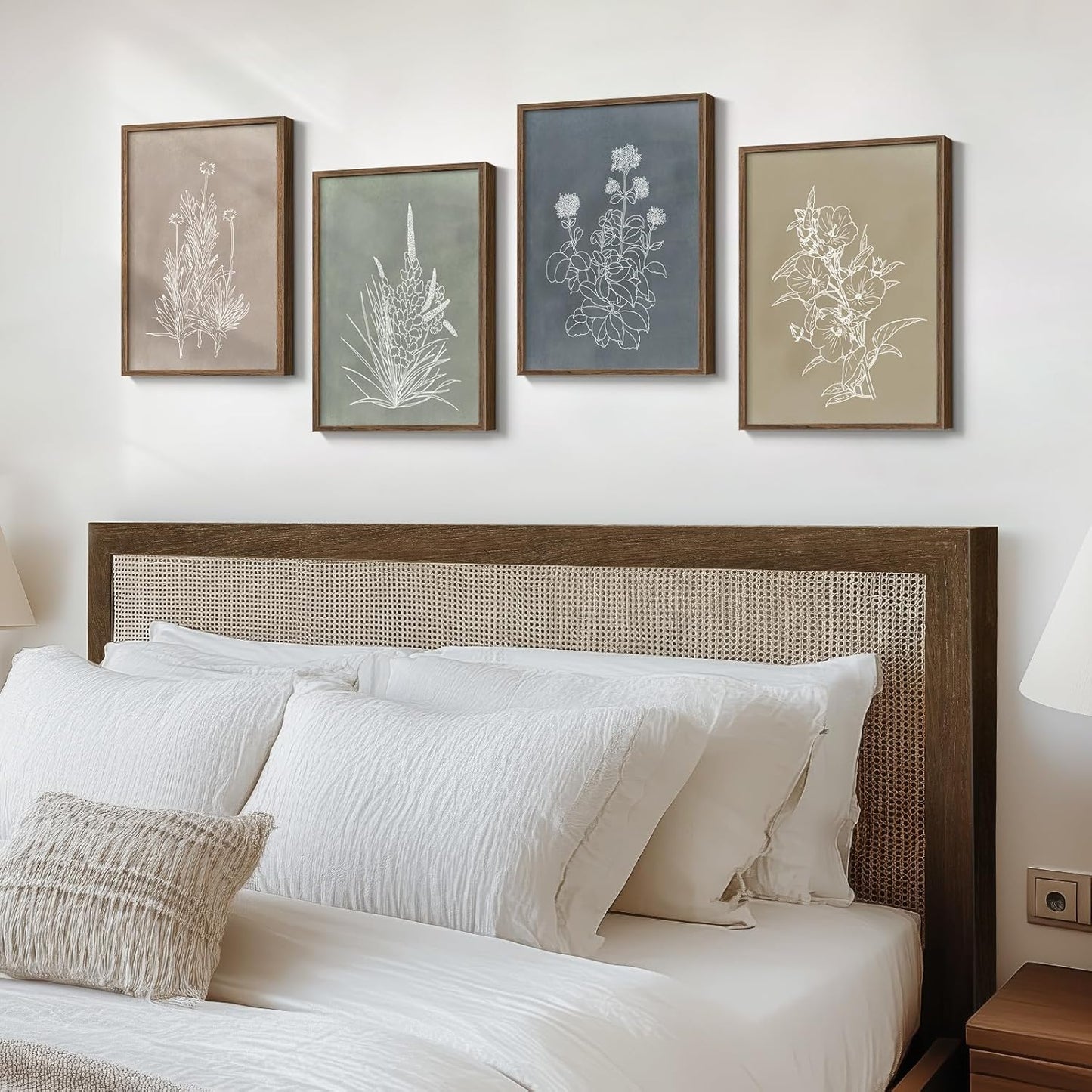 Skiennix Framed Boho Botanical Wall Art - 4 Piece Rustic Floral Canvas Prints for Modern Decor