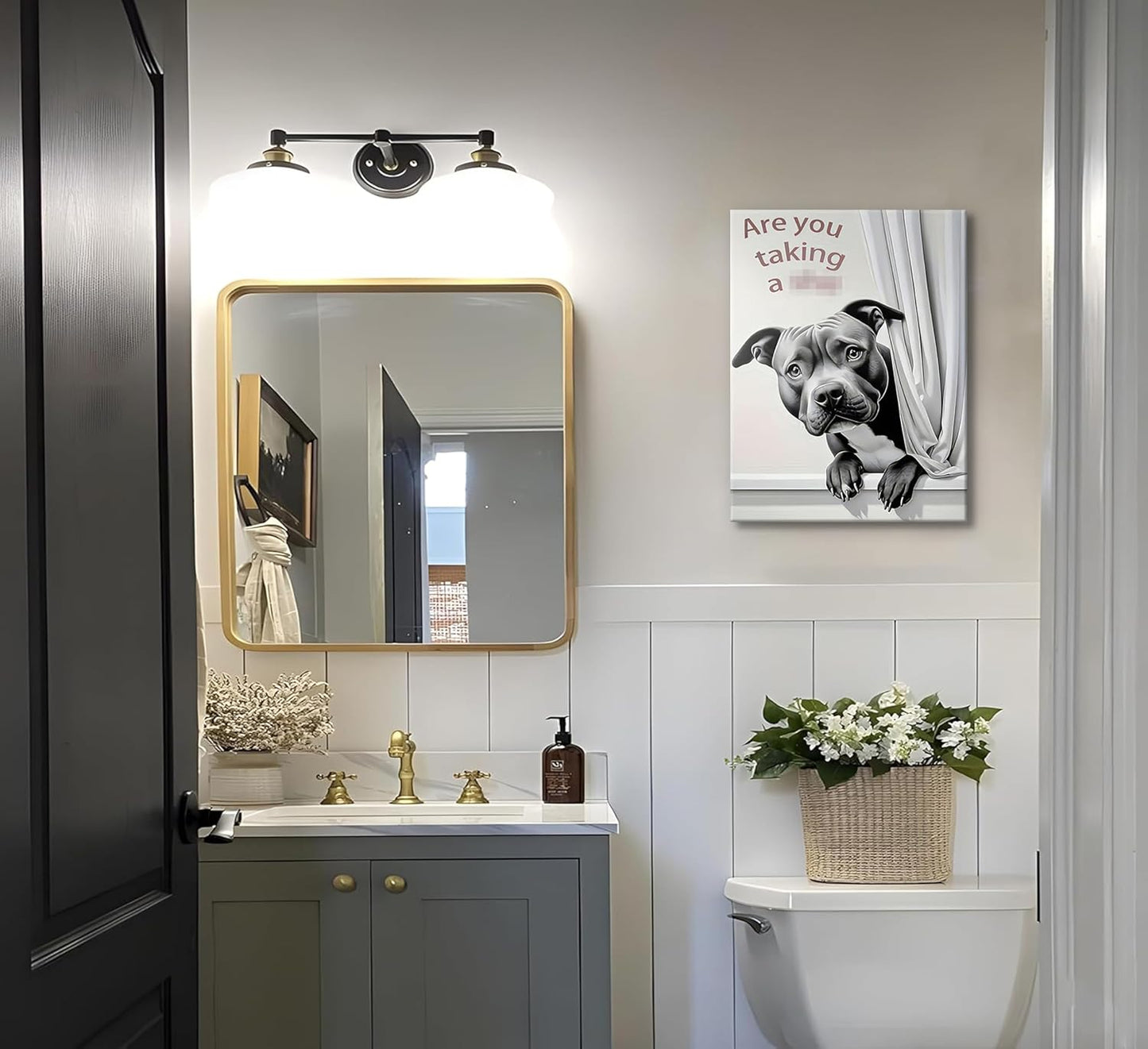 KADEYEE Funny Dog Wall Art - French Bulldog Peeking Into Toilet | Black & White Bathroom Decor, 12x16 Inch Framed Print