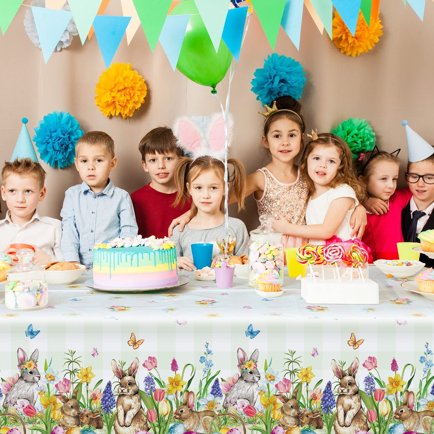 Riakrum 3 Pcs Easter Tablecloth Rectangle Plastic Bunny Eggs Table Cover Floral Table Cloth for Happy Easter Spring Holiday Party Decoration and Supplies, 54 x 108 Inch (Floral Bunny)