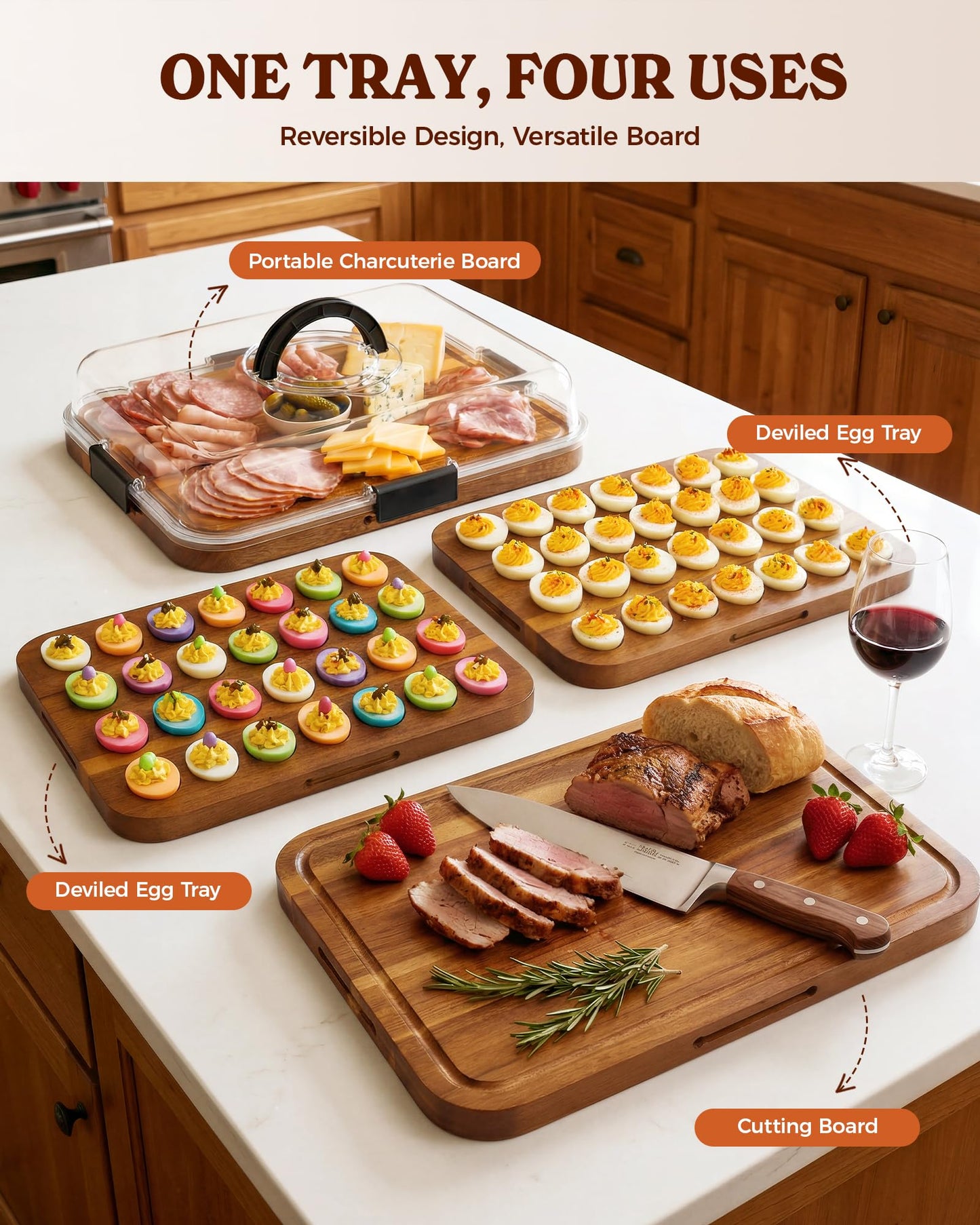 Sevenblue Acacia Wood Deviled Egg Containers with Lid and Handle, Portable Deviled Egg Platter for Easter, Potlucks & Party, Reversible Charcuterie Board Cutting Board