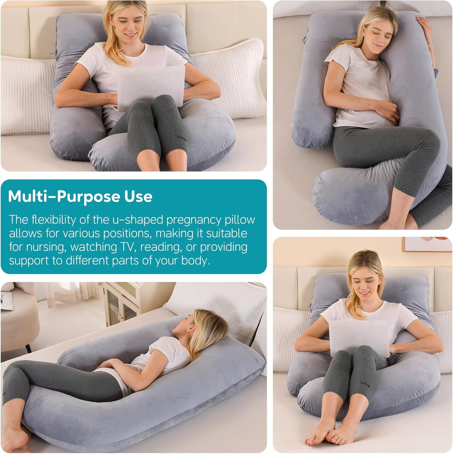 Skiennix U-Shaped Pregnancy Pillow - Full Body Support for Back, Hips & Belly | 65-Inch Velvet Grey Maternity Essential