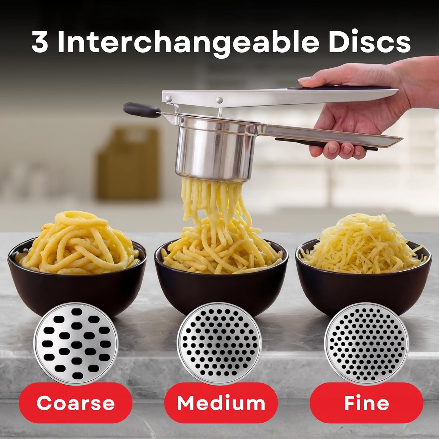 Skiennix 15oz Potato Ricer - Professional Stainless Steel Masher for Fluffy Mashed Potatoes & Gnocchi | Ergonomic Silicone Handles, Dishwasher Safe