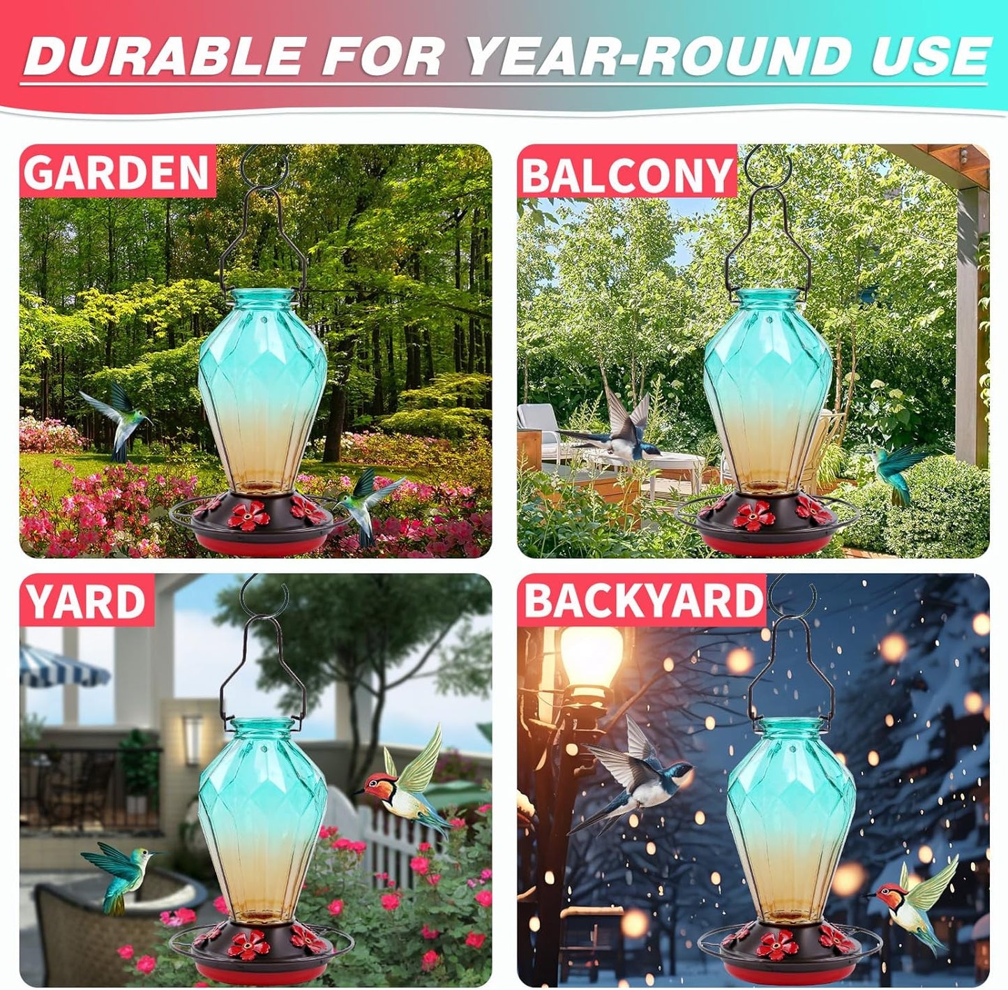 Skiennix Glass Hummingbird Feeder - 25 Oz Leak-Proof Outdoor Nectar Feeder with 5 Flower Ports | Diamond Green