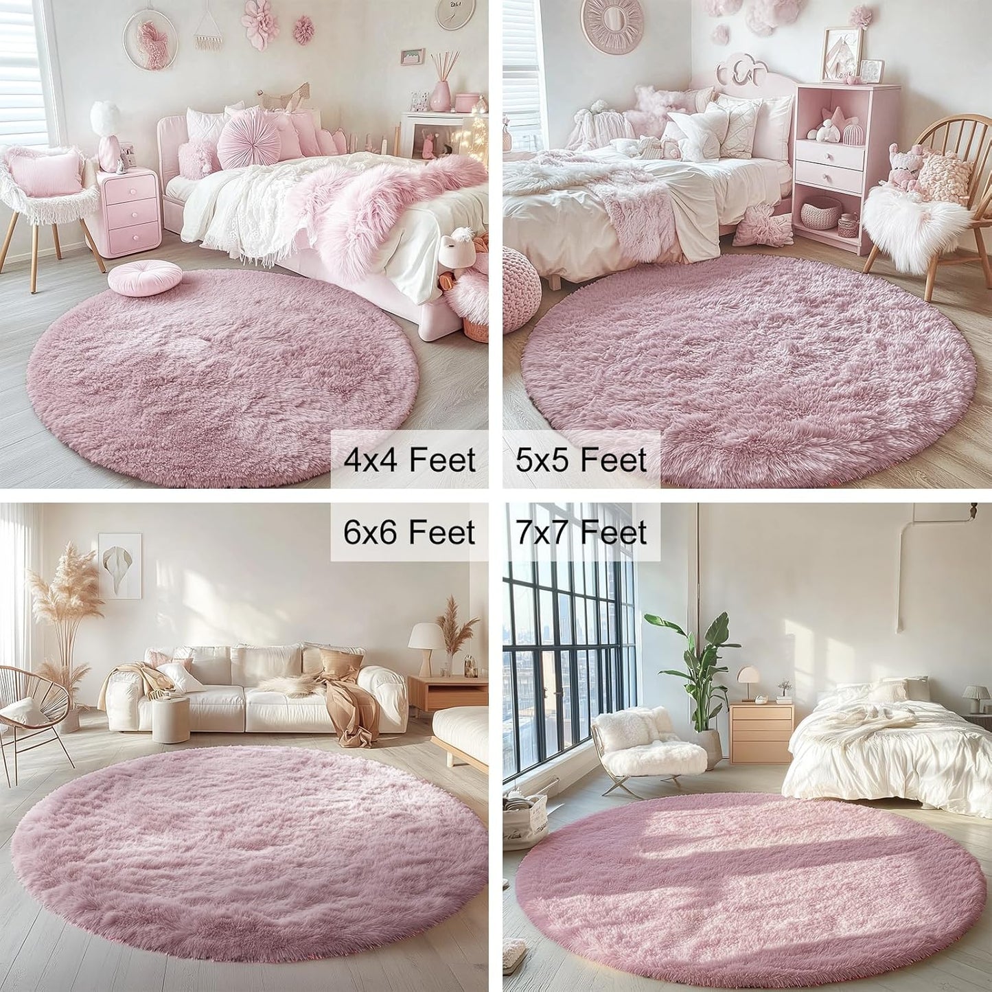OLANLY Blush Round Rug - Soft, Fluffy Shaggy Carpet | 4 ft Machine Washable Area Rug for Bedroom & Living Room