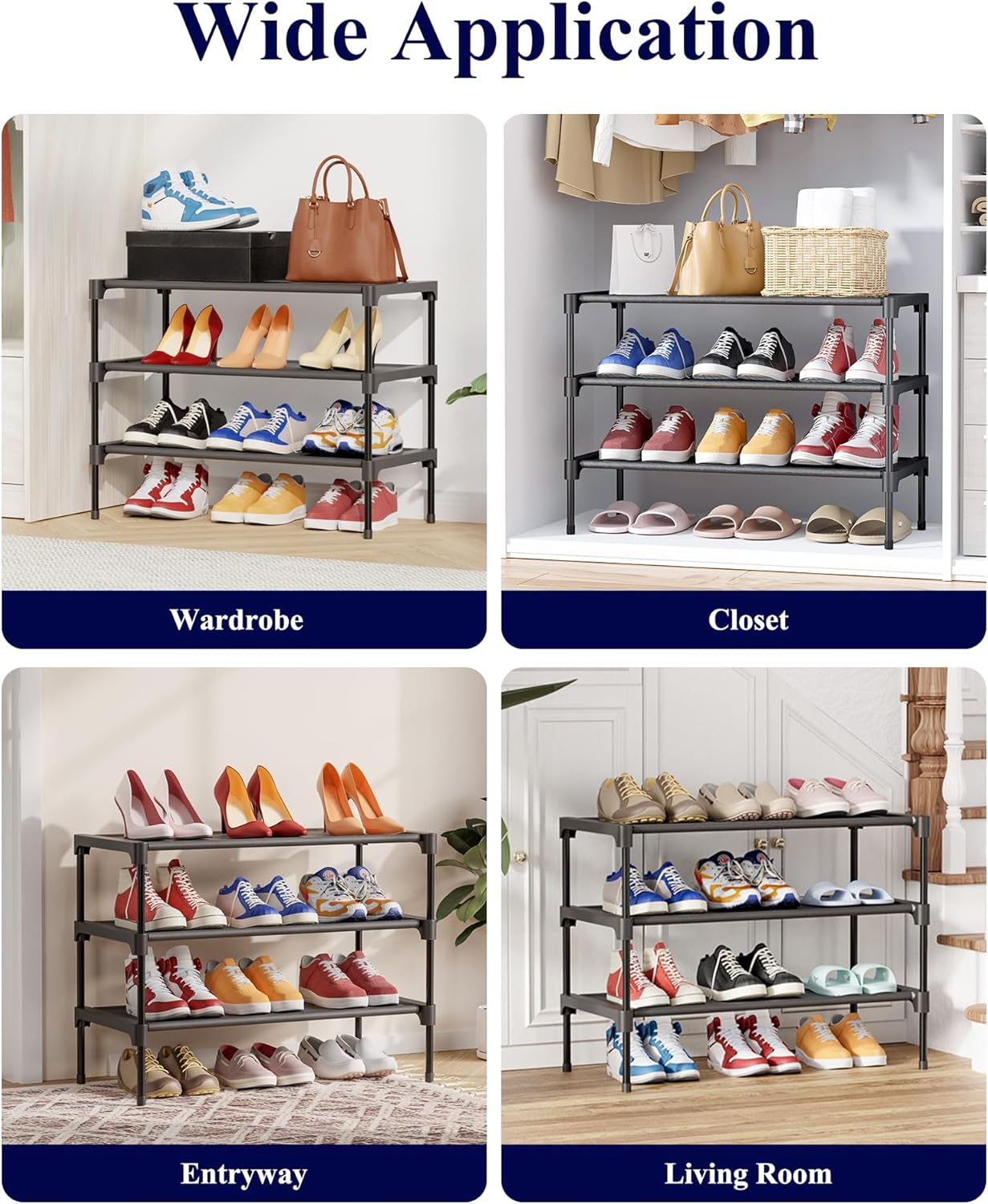 Kitsure Shoe Rack - Stackable Non-Woven Shoe Organizer for Closet & Entryway | 3-Tier, 27.5" Wide, Black