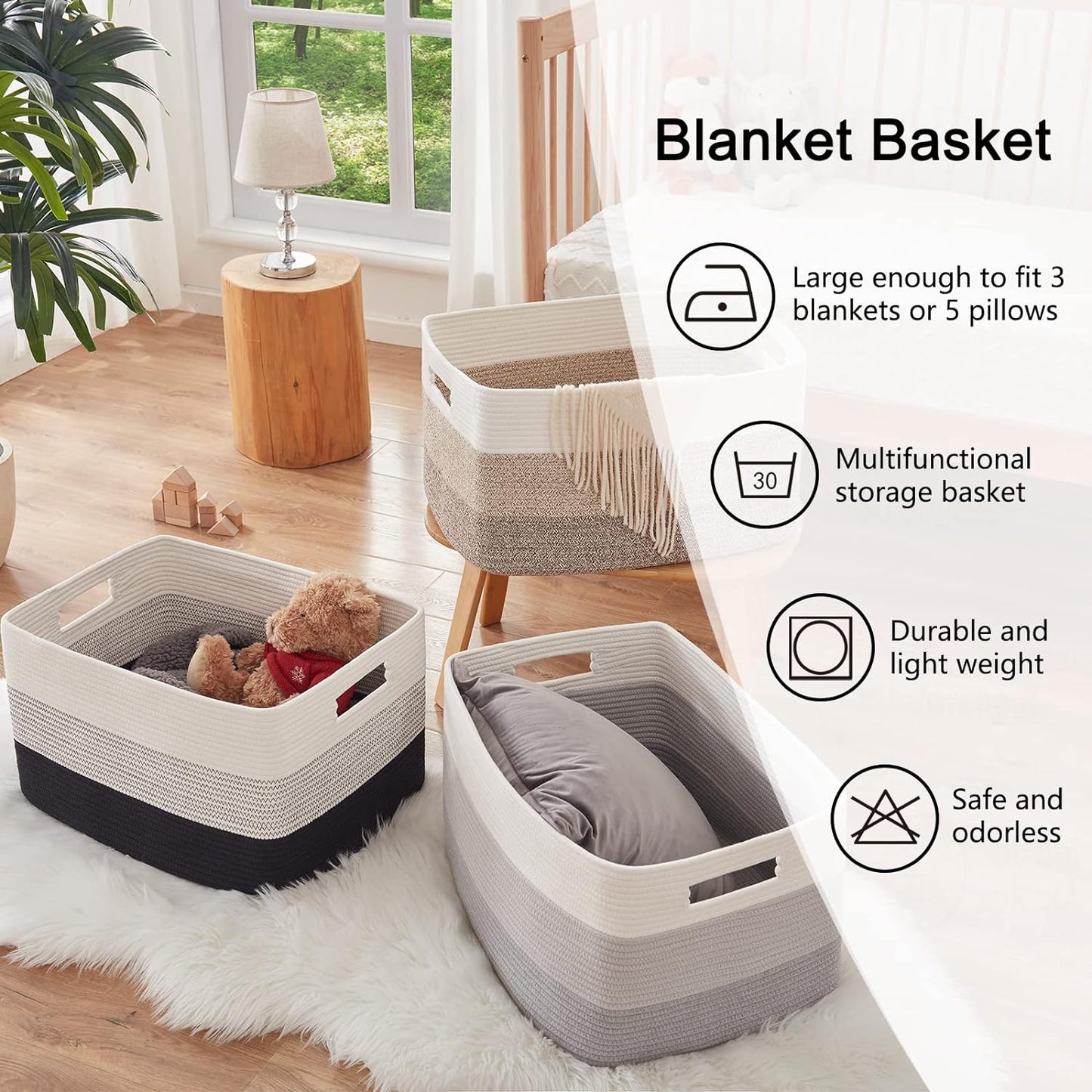 OIAHOMY Large Woven Blanket Basket - 22”x17”x12” Nursery & Living Room Toy Storage | Gradient Yellow