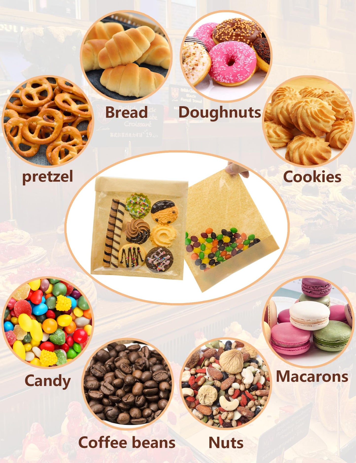 200 Pack Self Sealing Cookie Bags with Seal, 5.9x6.5 Inch Paper Bakery Bags with Window, Grease Resistant To Go Sleeves for Packaging Donut, Snack, Scone, Brownie, Small Pastries and other Treats