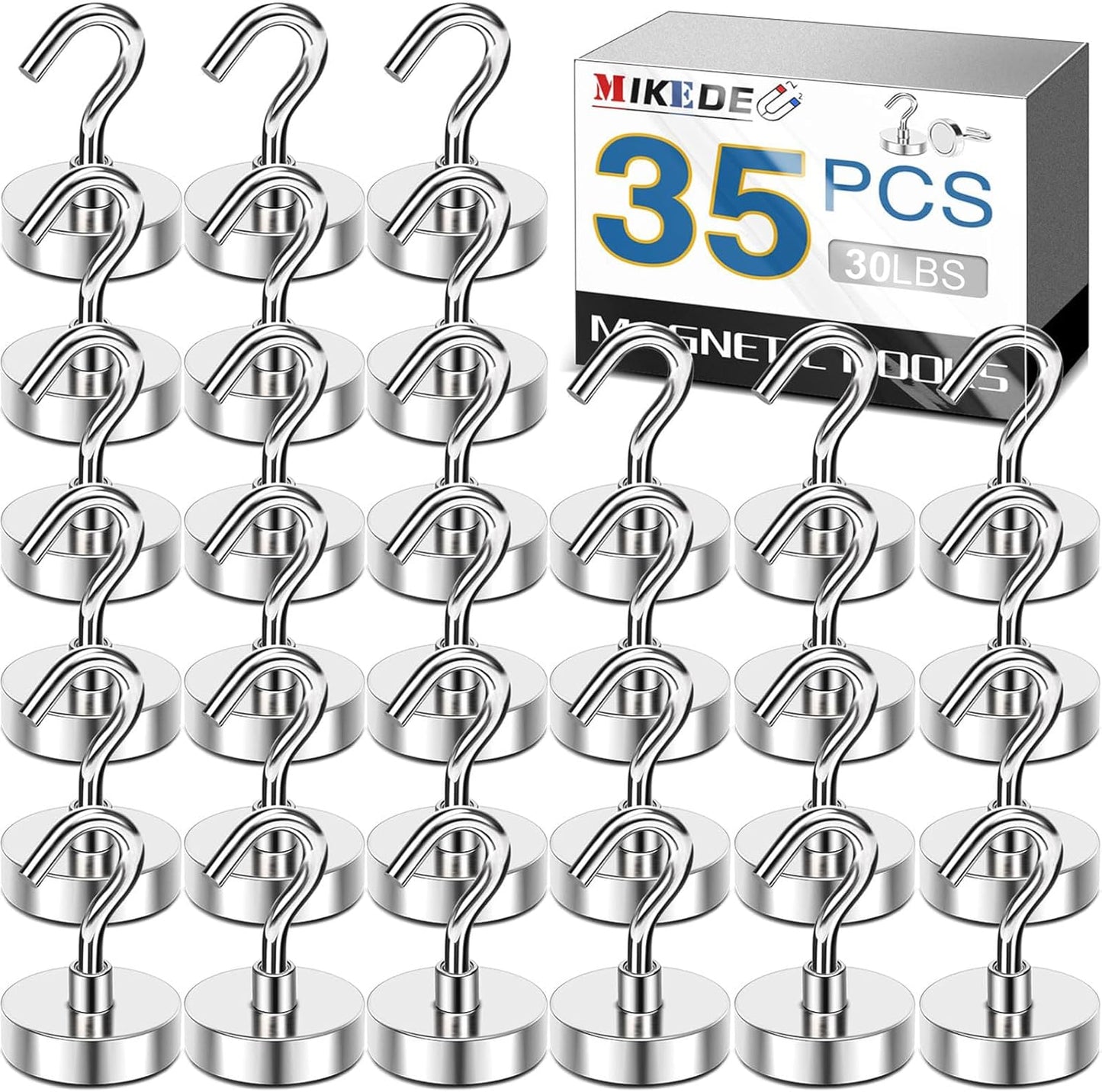 MIKEDE Heavy Duty Black Magnetic Hooks - 30LB Neodymium Magnets for Outdoor & Indoor Use | 35-Pack