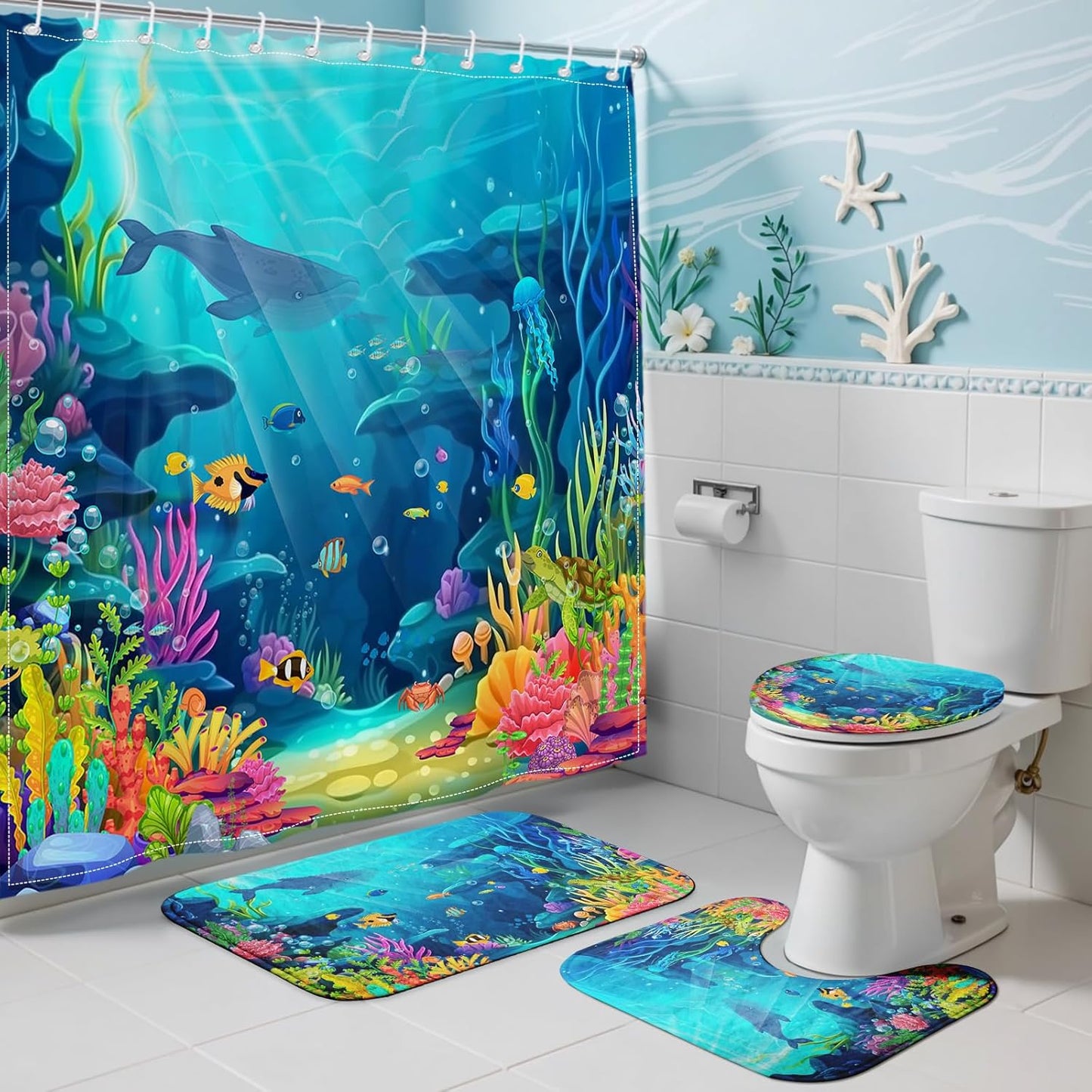 Skiennix Ocean Shower Curtain Set - Tropical Underwater World with Non-Slip Bath Rugs | 4-Piece Kids Bathroom Decor