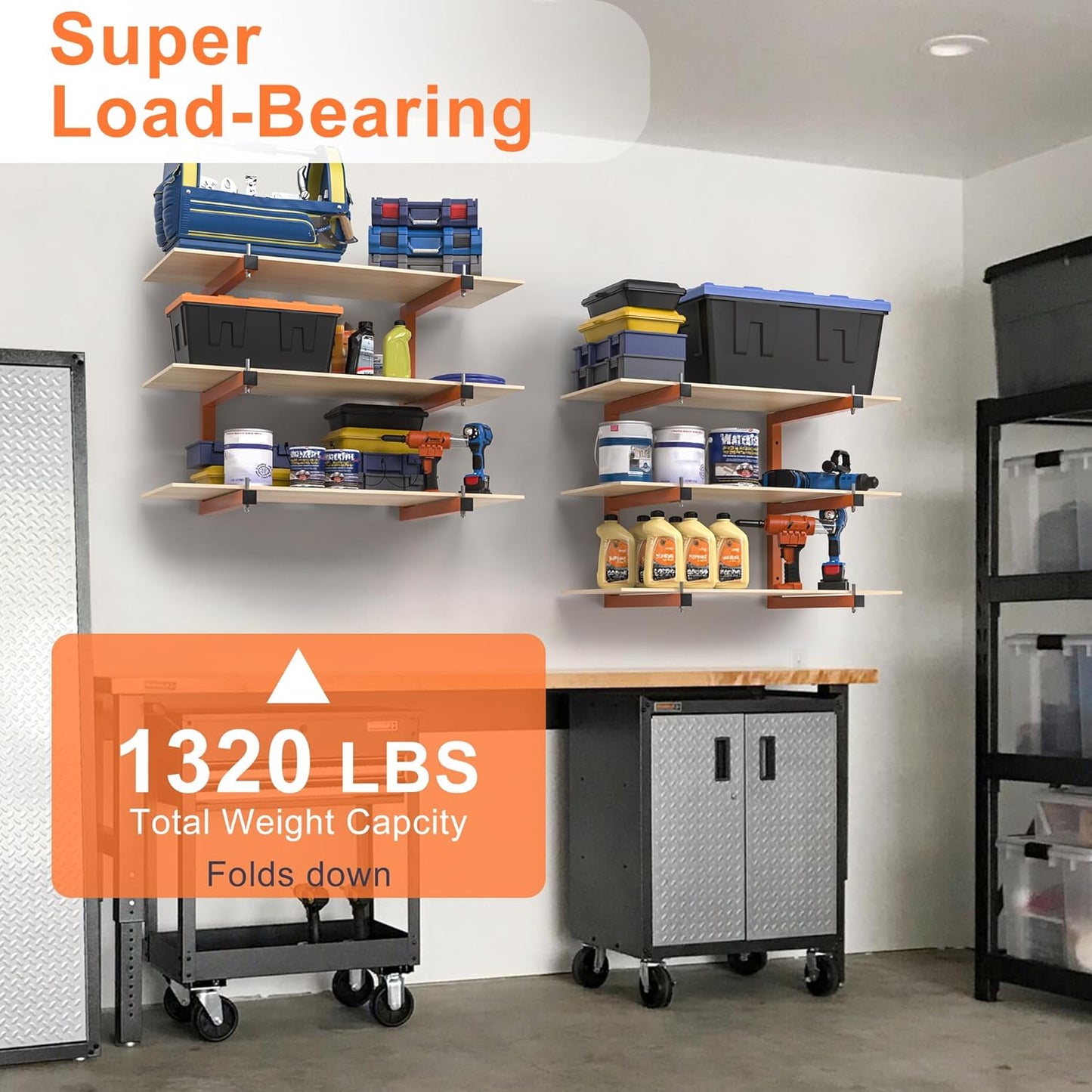 Lumber Rack Heavy-Duty Wall-Mounted Lumber Storage System | 1320 LB Capacity, 6-Level Organizer, Orange (4 Pack)