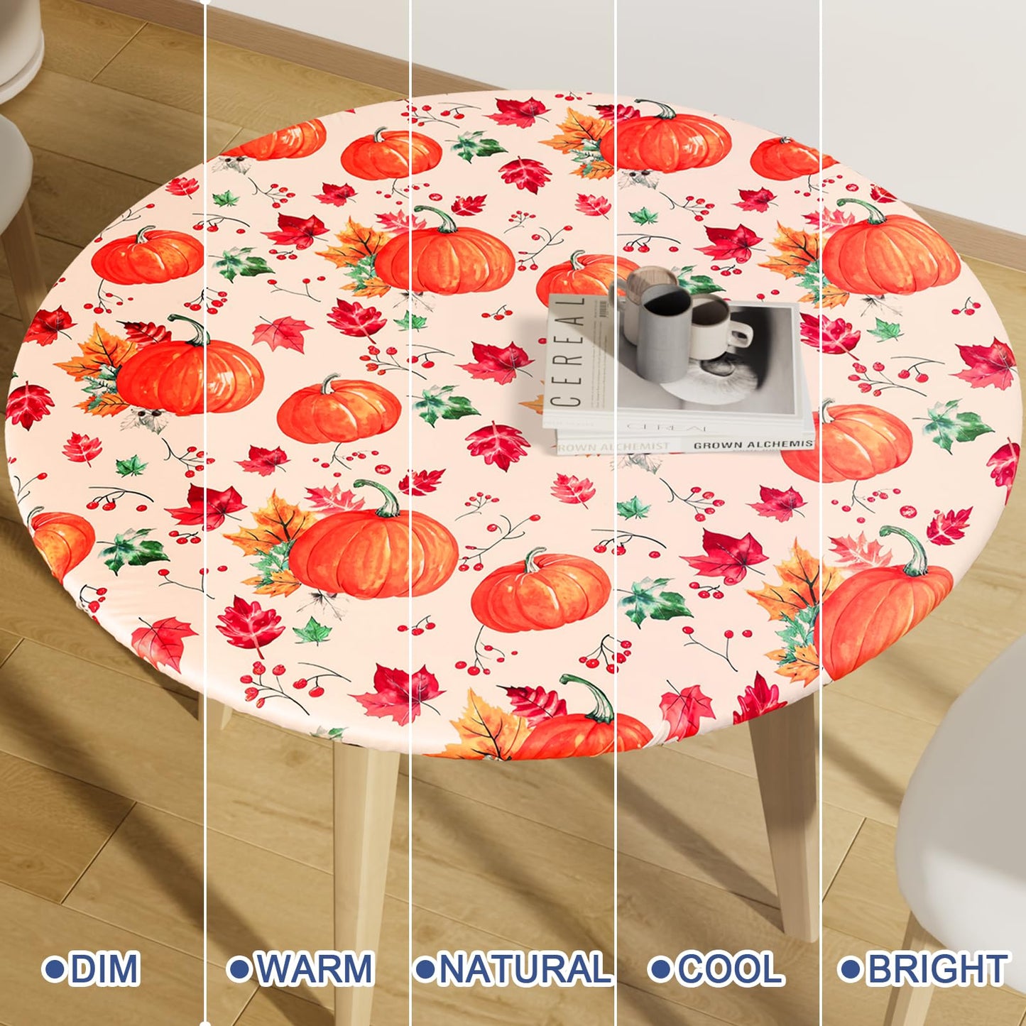 Moosfor Round Spandex Thanksgiving Tablecloth, Elastic Fitted Waterproof Tablecloths for 36"-44" Tables, Stretch Washable Picnic Table Cover for Autumn Harvest Parties, Pumpkin Leaf