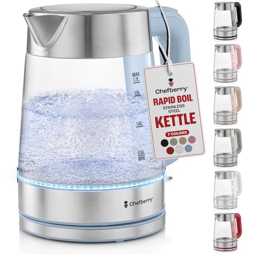 Electric Kettle for Boiling Hot Tea & Water | 1.7L Stainless Steel Borosilicate Glass Boiler With No Plastic, Automatic Shutoff, BPA Free, Fast Heating Technology (Blue)