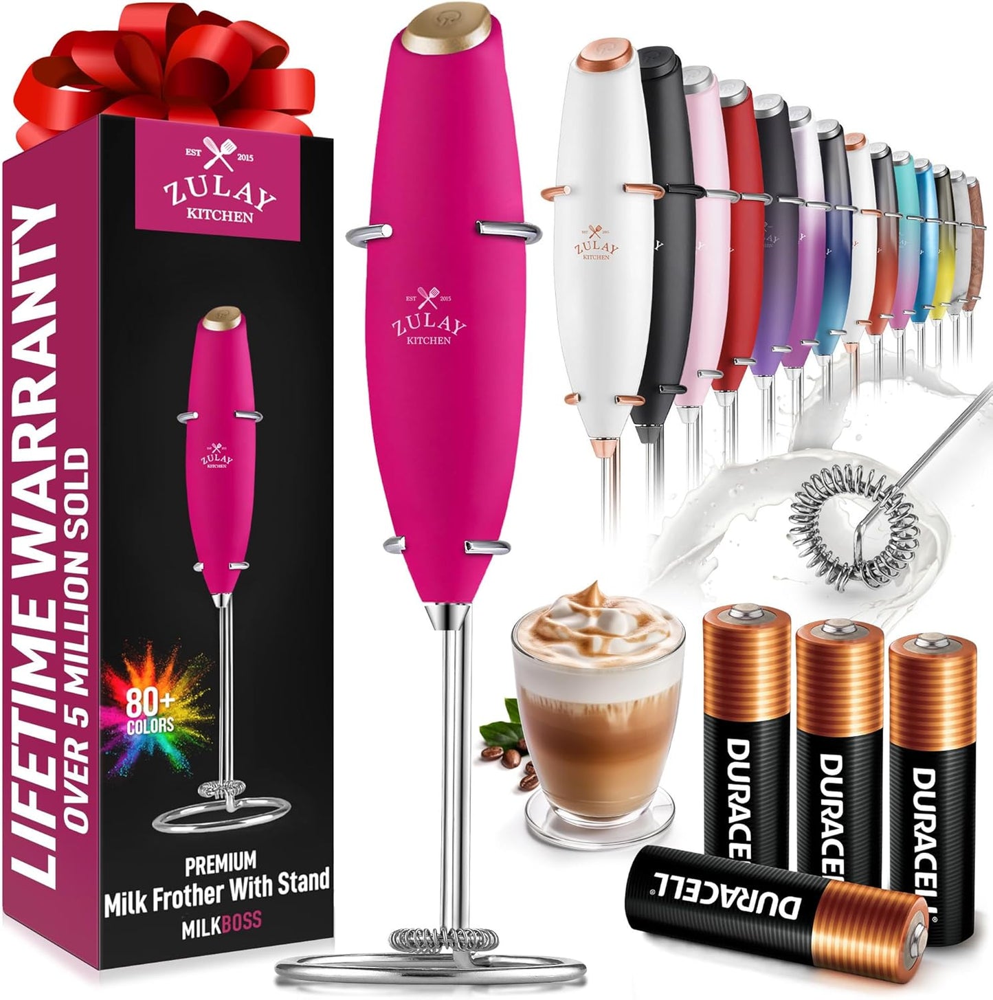 Zulay Kitchen Milk Frother Wand - Ultra-Fast Handheld Drink Mixer with 4 AA Batteries - Hot Pink Gold