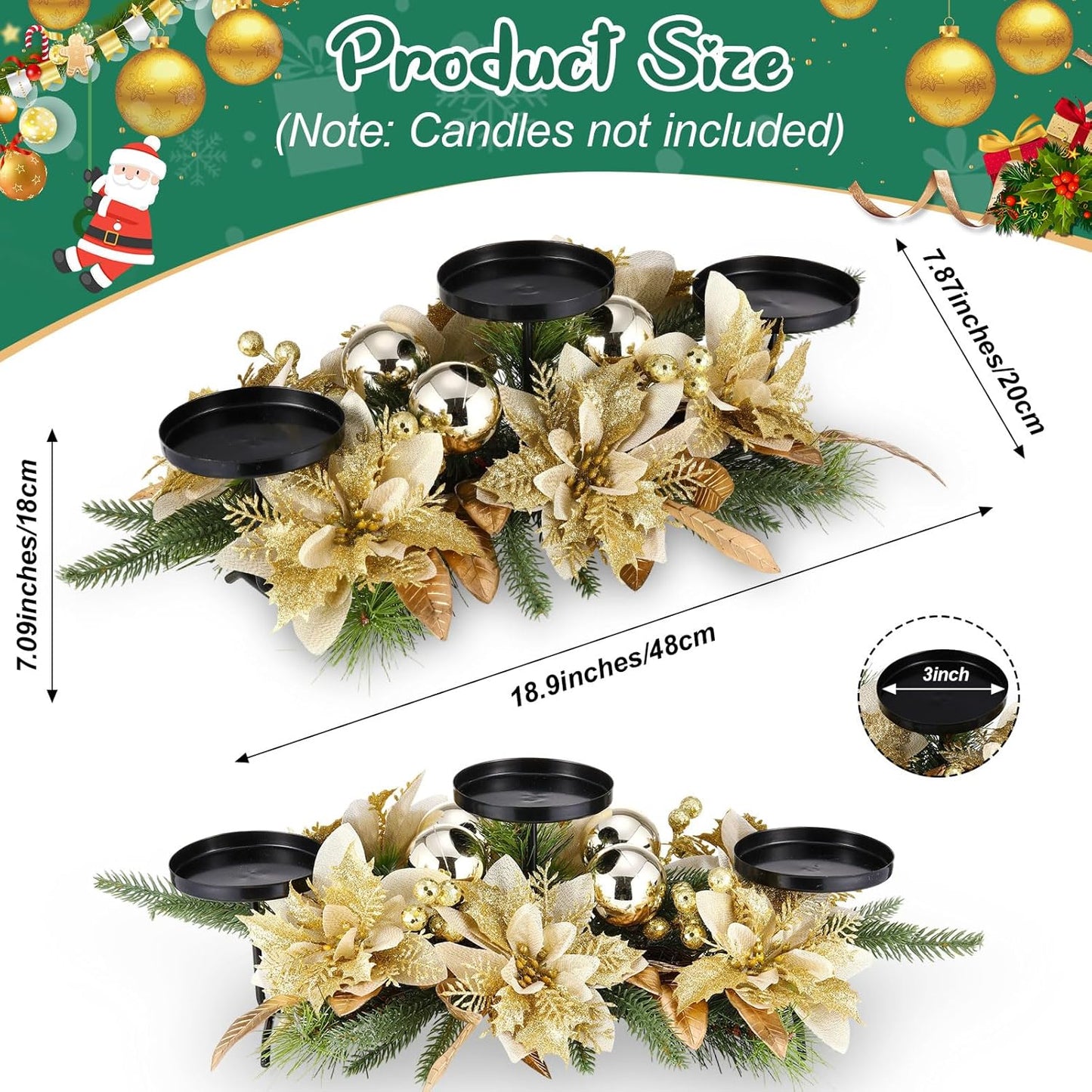 Regine Switzerland Christmas Table Centerpiece - 3 Candle Holders with Gold Poinsettia & Pinecones