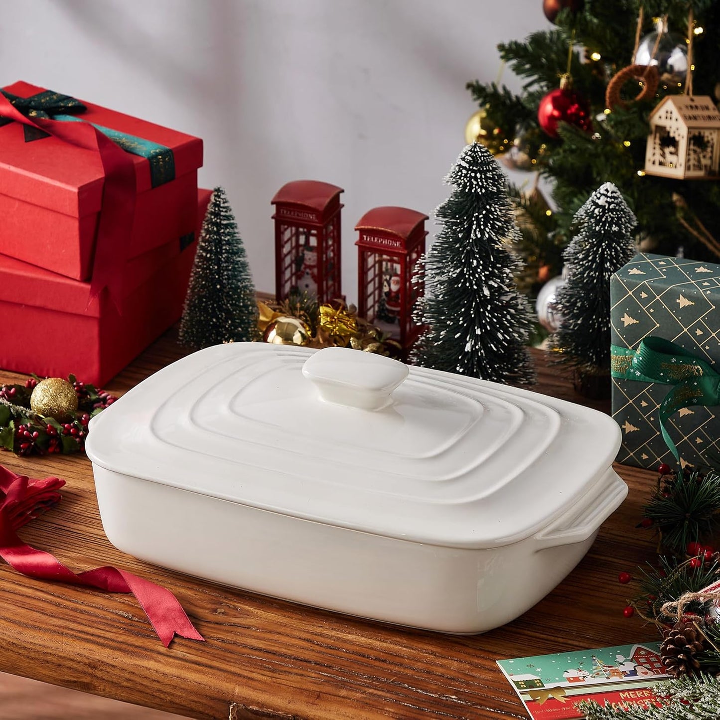 Large Ceramic Casserole Dish - 4.0 Quart Stoneware Baking Dish with Lid | Deep 9x13 Inch Lasagna Pan in White