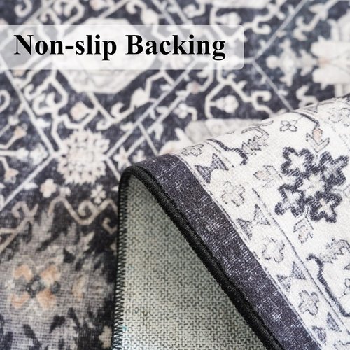 Hallway Washable Runner Rug - Vintage Non-Slip Indoor Carpet for Kitchen & Entryway | 2'6'' x 12', Black