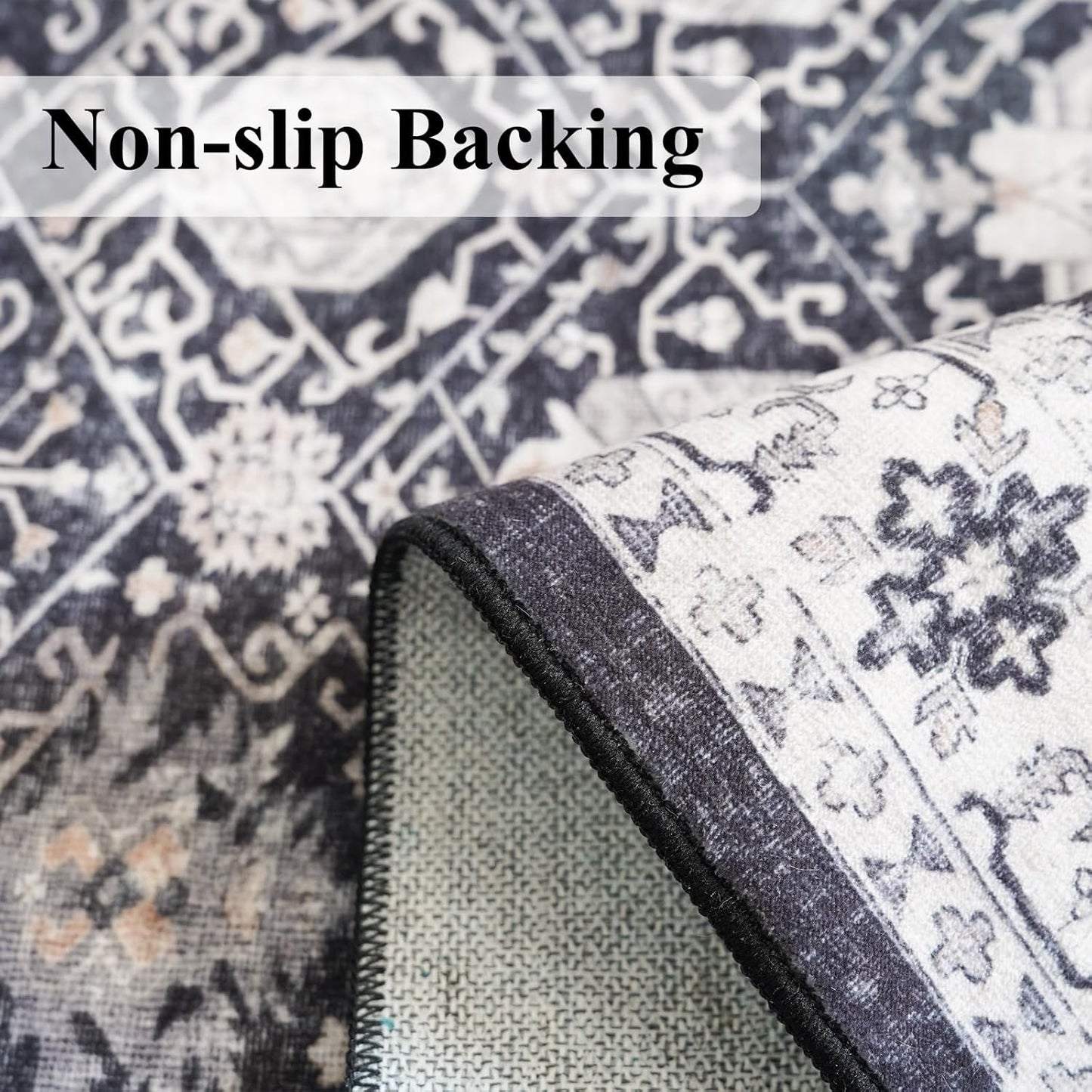 Skiennix 5x7 Living Room Area Rug - Washable, Non-Slip, Stain Resistant Vintage Soft Carpet in Black