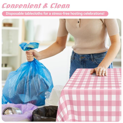 12Pack Table Cloth Rectangle Table, 54" x 108" Plastic Table Cloth Disposable, Waterproof Pink and White Checkered Table Cover for Outdoor Picnic Birthday Party Supplies Gathering BBQ Holiday Dinner
