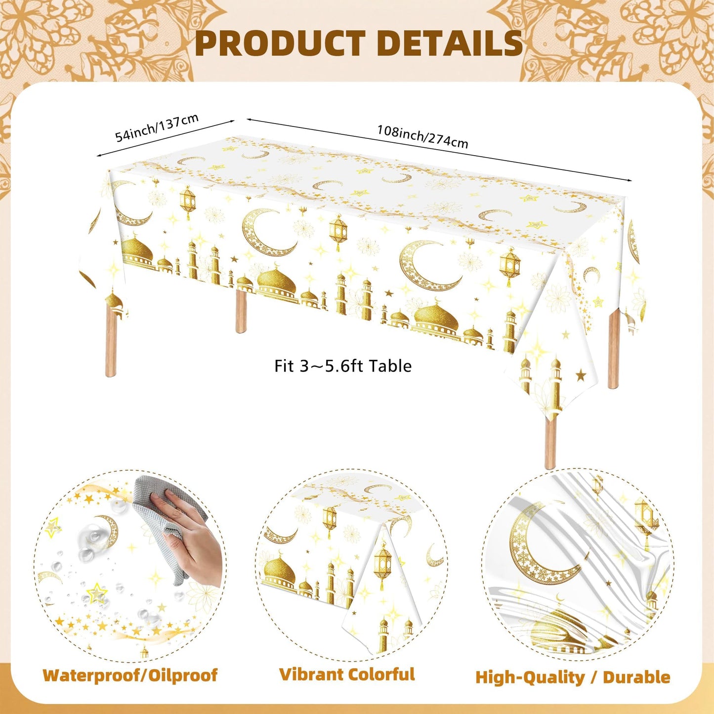 Ramadan Plastic Disposable Table Cloth: White and Gold Mosque Moon Star Lamp Ramadan Kareem Table Cover Muslim Eid Al-fitr Eid Mubarak Tablecloths for Ramadan Party Supplies 54×108Inches(3 Pcs)