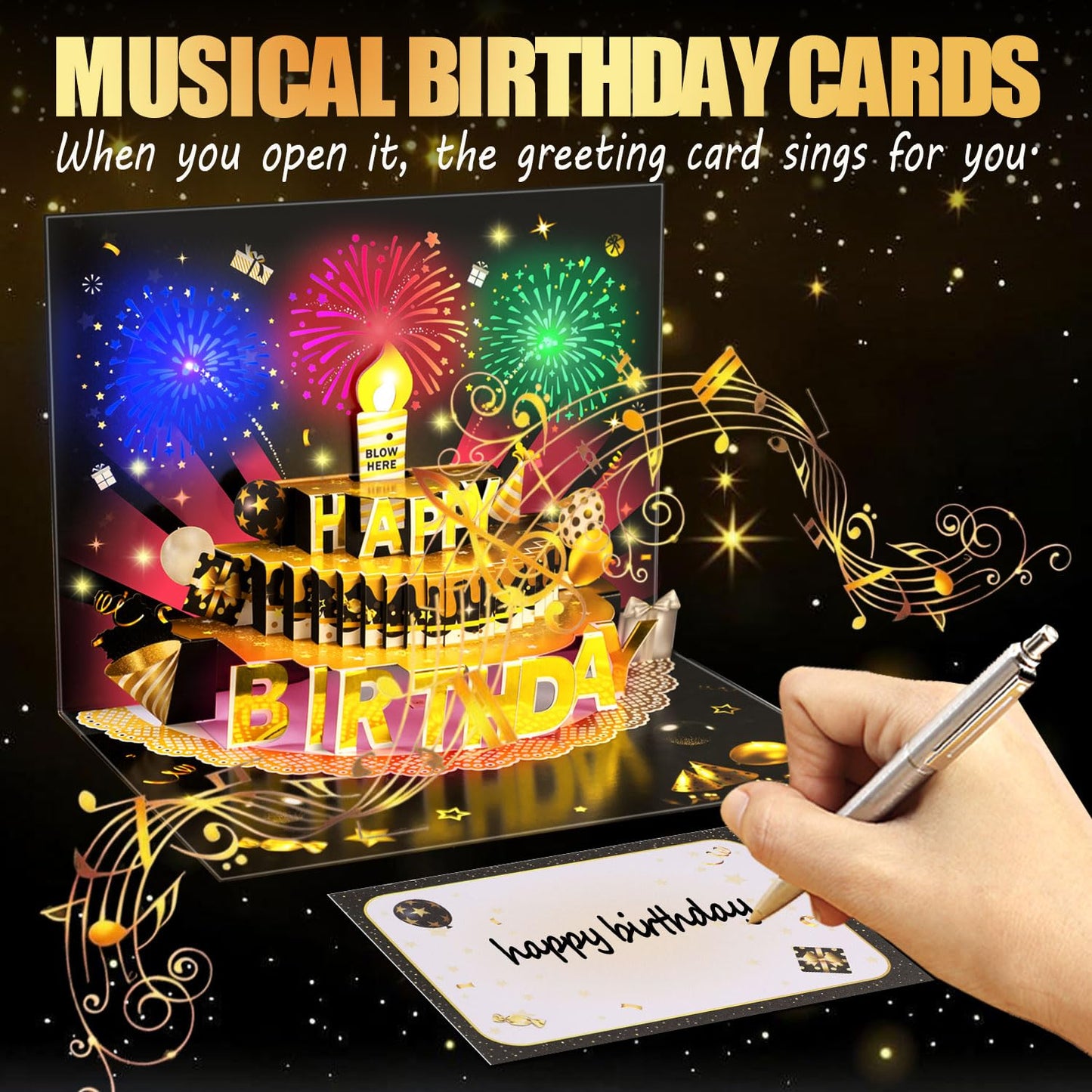 Bevbovcard Pop Up Birthday Cards for Men - LED Light & Music with Blow The Candle, 3D Balloons, Singing Happy Birthday gifts Card for Husband - Women, Kids, Son, Her, & Dad