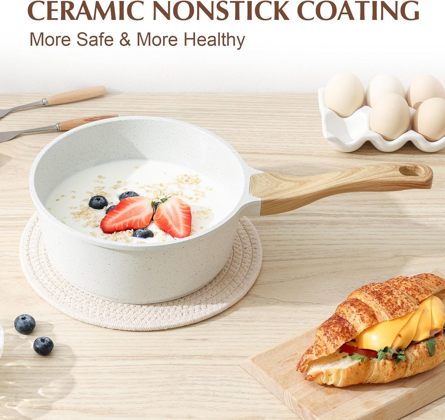 SENSARTE White Ceramic Nonstick Saucepan Set - Induction Compatible Cooking Pots with Stay Cool Handles | 1.5QT & 2.5QT