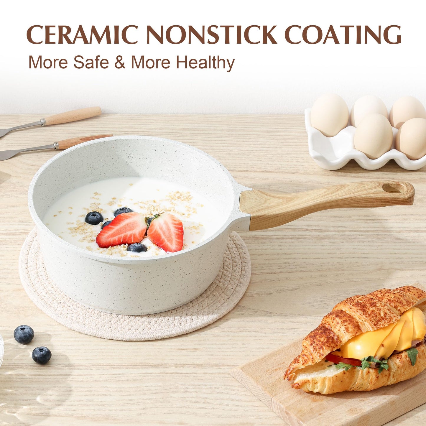 SENSARTE White Ceramic Nonstick Saucepan with Lid Set, Small Cooking Pot with Stay Cool Handle, Induction Compatible Saucepot, White Granite Coating, PFOA/PFAS Free, 2.0 + 2.5QT