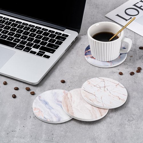 Hoewina 6Pcs Drink Coasters with Holder, Marble Style Ceramic Drink Coaster, Absorbent Coasters Set Suitable for Kinds of Cups, Modern Style Coasters for Coffee Table, 4 Inches（Cloud Style）