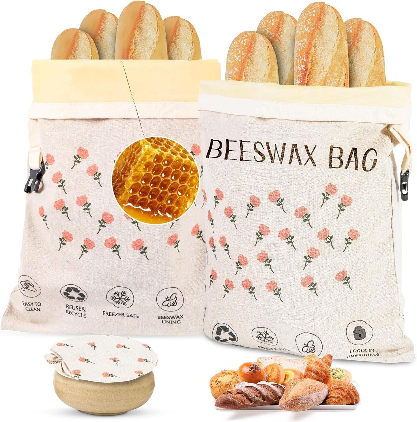 2 Pack Beeswax Bread Bag,17"×13"Reusable Organic Bread Bags for Homemade Bread Sourdough,Linen Outer Lining and Pure Cotton Beewax Inner Lining Moisture-proof &Fresh-Preserving With Buckle&Bowl Covers