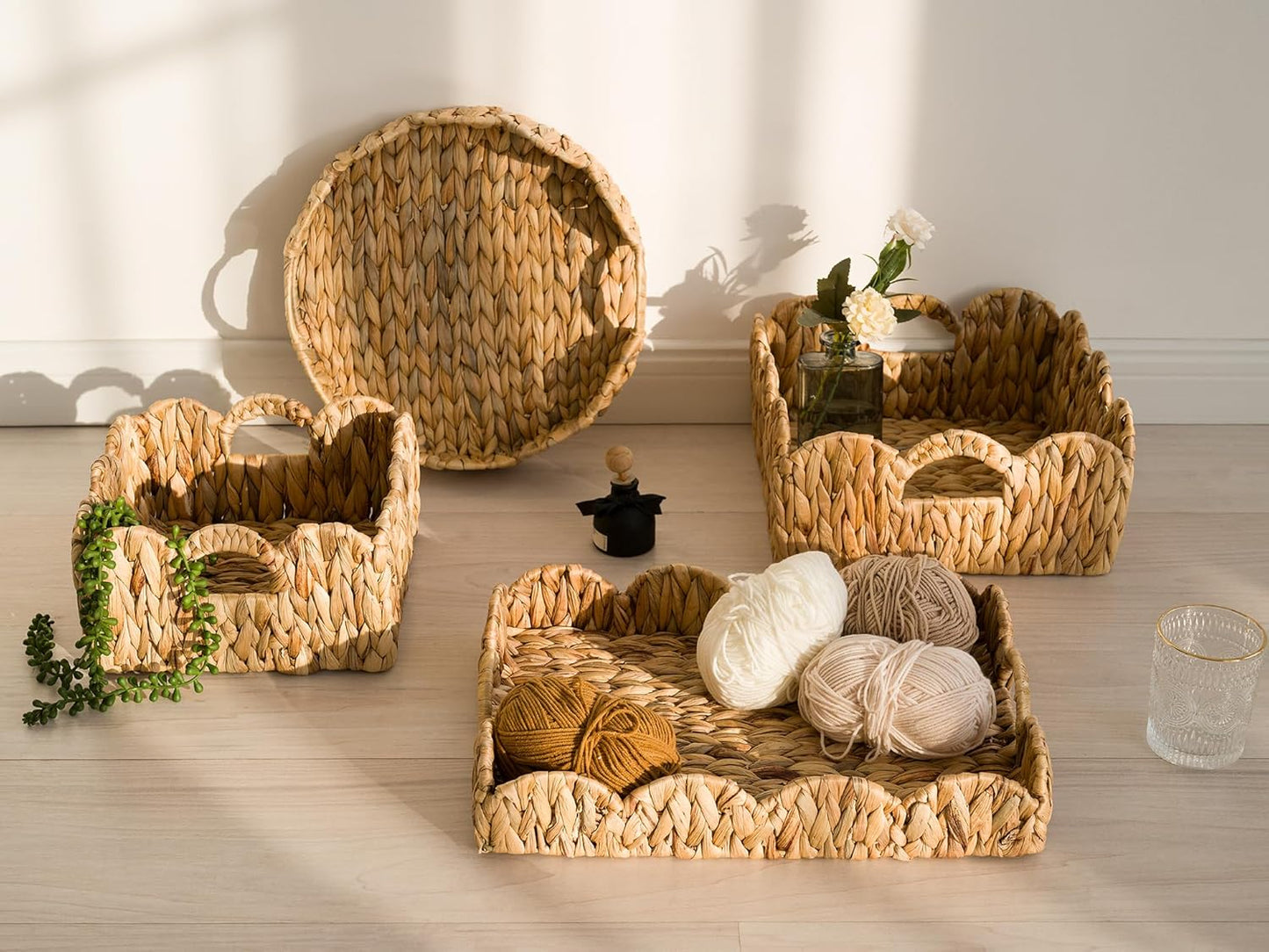 StorageWorks Scalloped Wicker Baskets - Stylish Rattan Storage Bins with Handles | 2-Pack for Organizing & Decor