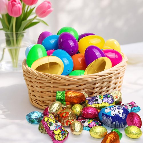 Easter Candy with Fillable Plastic Eggs Bundle - Pack Of 24 Plastic Eggs With Assorted Chocolate Candy for Filling - Holiday Party Treats & Easter Basket Stuffers