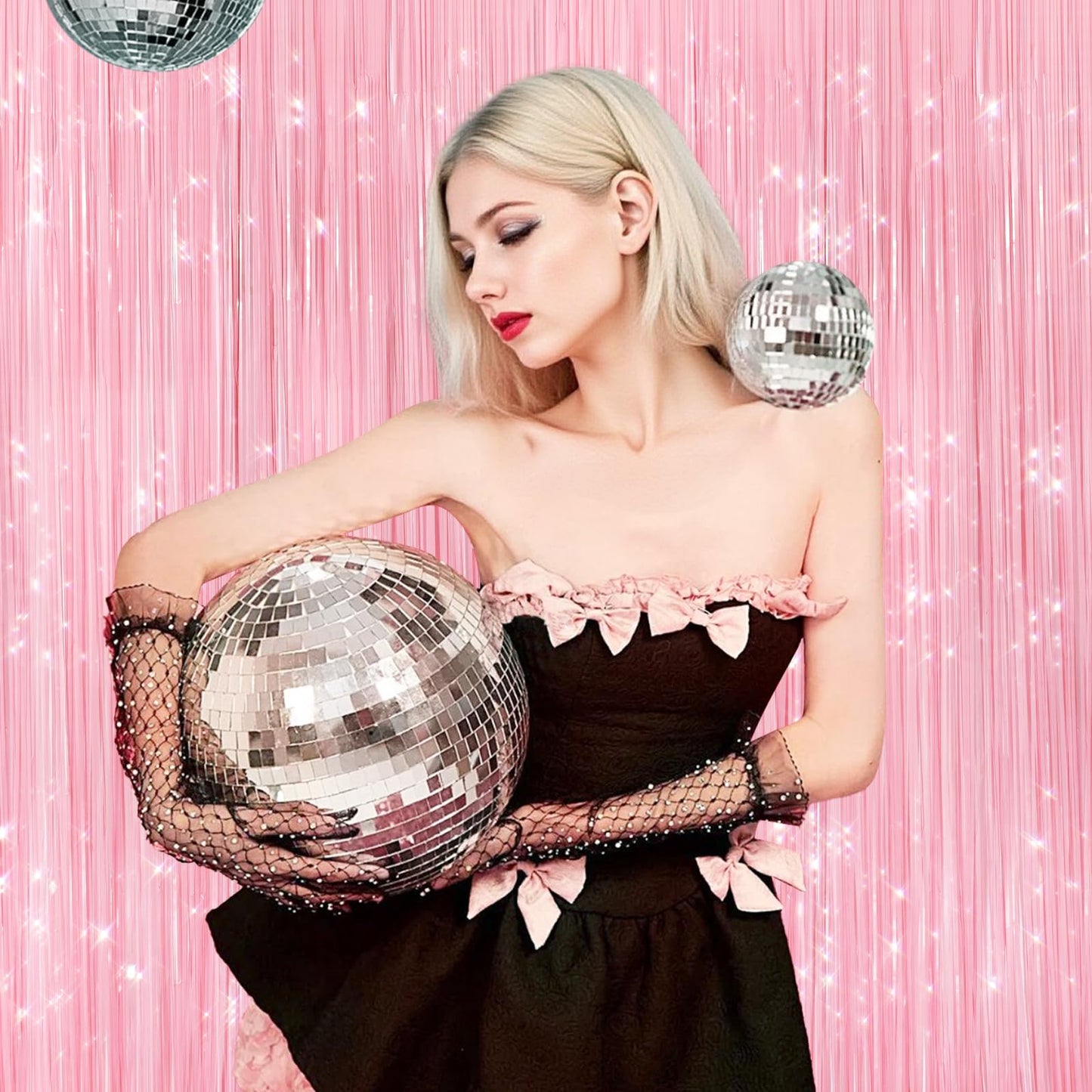 2Pack Pastel Pink Metallic Tinsel Foil Fringe Curtains, Pink Backdrop, Door Streamers Photo Booth Backdrop for Birthday Party, Tinsel Curtain Backdrop for Shower Bachelorette Xmas Party Decorations