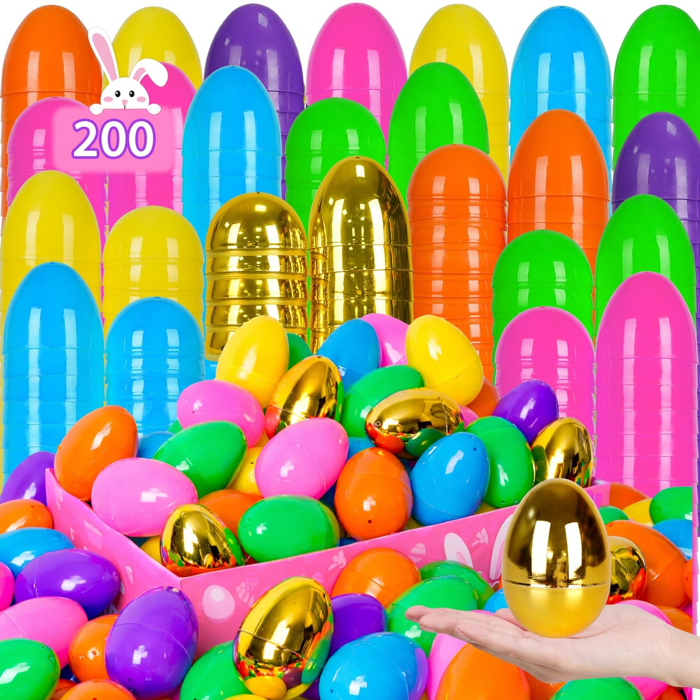 PIONJOY 200 Pack 3" Empty Plastic Easter Eggs Bulk, Include 6 Golden Eggs, Fillable Eggs Easter Basket Stuffers Fillers & Egg Hunt Surprise Gift for Toddler Kids Girls Boys Teens
