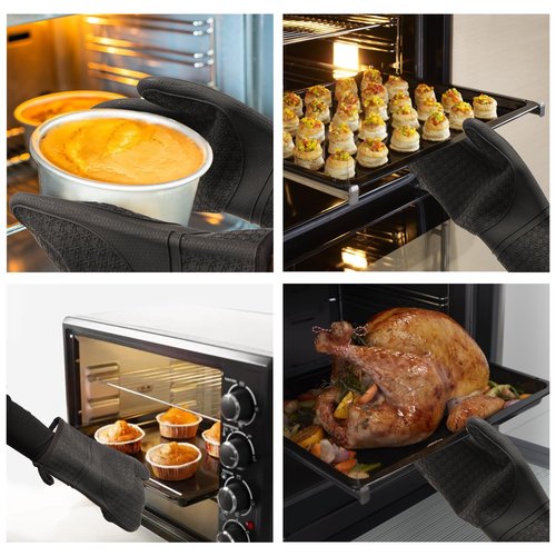 Hovico Silicone Oven Mitts, Heat Resistant 500F Kitchen Mitts 2PCS, 11.6" BPA-Free Soft Baking Gloves, Non-Slip Grip Oven Gloves with Soft Cotton Lining for Kitchen Cooking Baking BBQ - Black