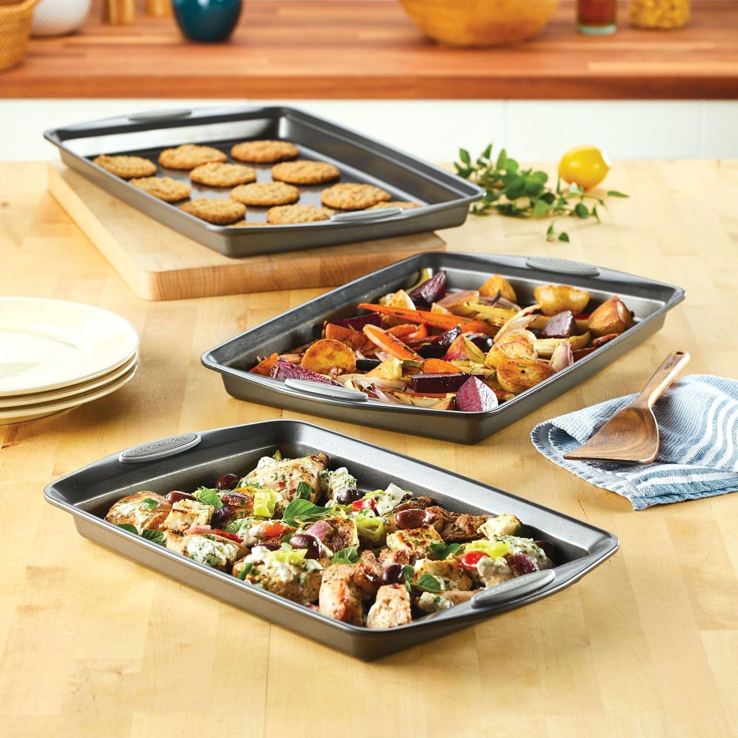 Rachael Ray Nonstick Bakeware Set - 3 Piece Cookie Sheets with Grips in Gray & Sea Salt Gray
