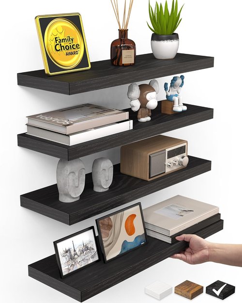 BAYKA Floating Shelves - Rustic Wall-Mounted Wood Shelves for Home Decor | 15.7in, Black, Set of 4