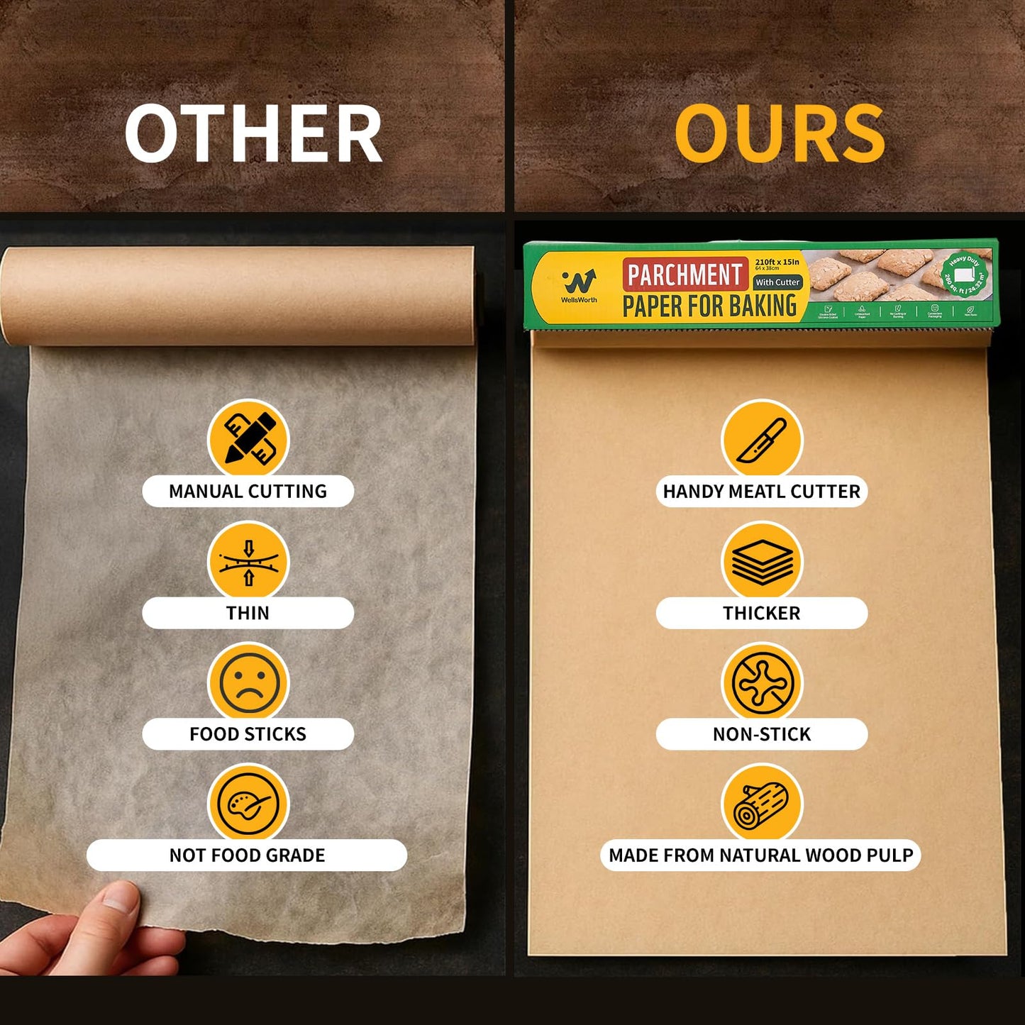 Unbleached Parchment Paper Roll, 15 in x 210 ft Unbleached Non-Stick Baking Paper, Heat Resistant & Food Grade Brown Parchment for Baking, Oven, Cooking, Grilling, Air Fryer