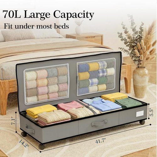 GoMaihe Under Bed Storage - 70L Rolling Bins for Wrapping Paper, Toys & Clothes | Includes Mesh Bag & Adjustable Dividers, Grey