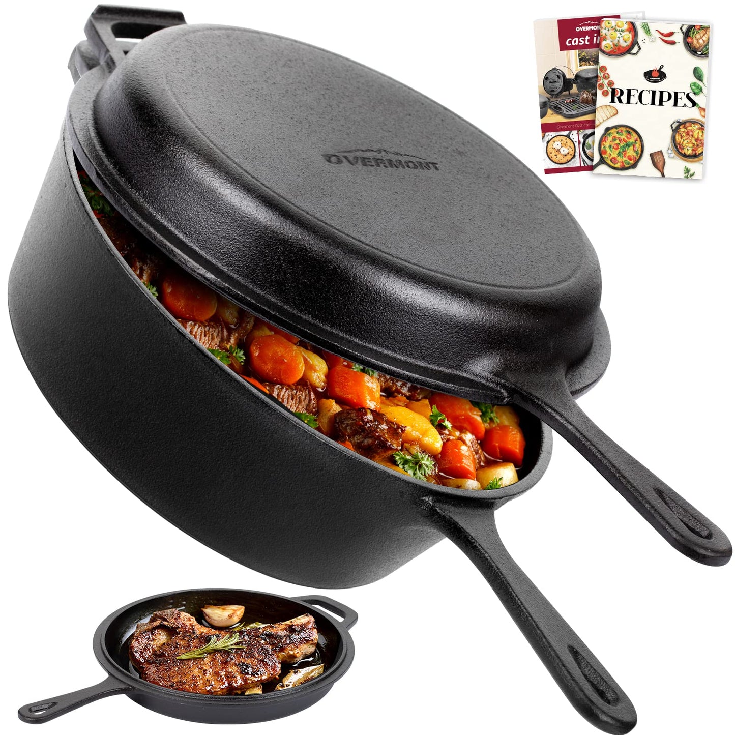 Overmont Cast Iron Skillet with Lid - 2-in-1 Cast Iron Dutch Oven - 3.2QT Deep Pot with Frying Pan - Pre-seasoned Cookware Multi Cooker Skillet - Dutch Oven Pot with Recipe for Grill Induction Stovetop Camping(10.5")