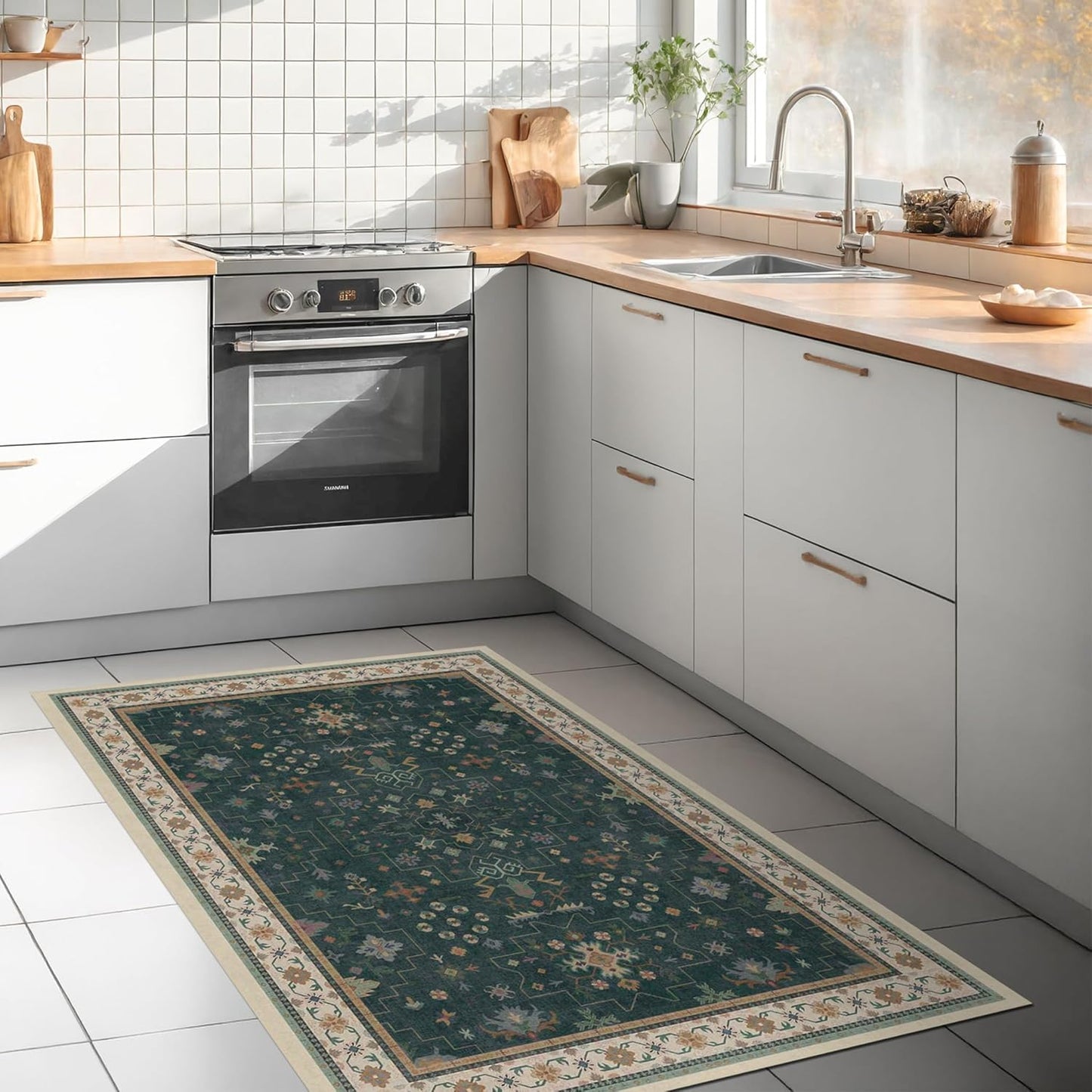Oushak Dark Green 3x6 Kitchen Rug - Modern Vintage Boho Floral Design | Washable Non-Slip Area Rug