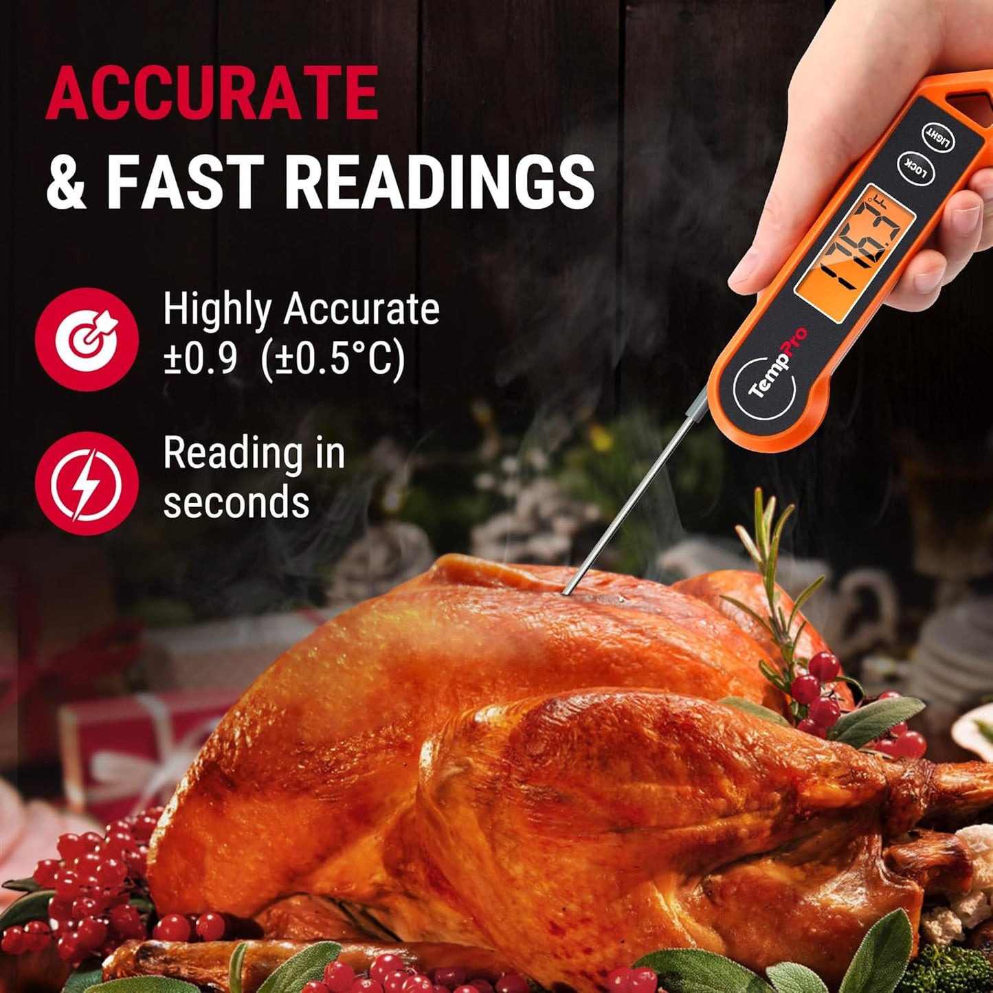 ThermoPro Digital Instant Read Meat Thermometer - Waterproof Kitchen Cooking Tool with Ambidextrous Backlit | Perfect for BBQ, Grill, Smoker, and Candy