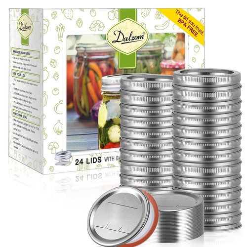 Dalzom® 24Pcs Canning Lids with 24Pcs Rings Wide Mouth, Premium Mason Jar Lids with Bands/Rings for Ball, Kerr Jars - Food Grade Material, 100% Fit & Airtight for Wide Mouth Mason Jars