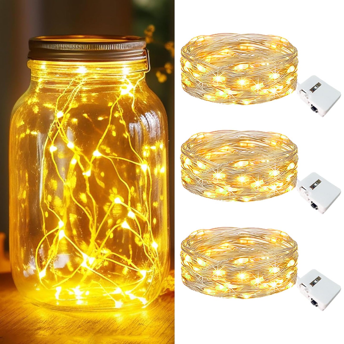 kolpop 3 Pack LED Fairy Lights Battery Operated, Mini Twinkle String Lights Battery Powered Waterproof for Christmas Mason Jars Party,Warm White