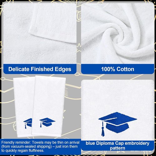 FYSUIMU Graduation Hand Towels - Embroidered Cotton Blue Diploma Cap | Absorbent 29.5 x 13.7 Inch