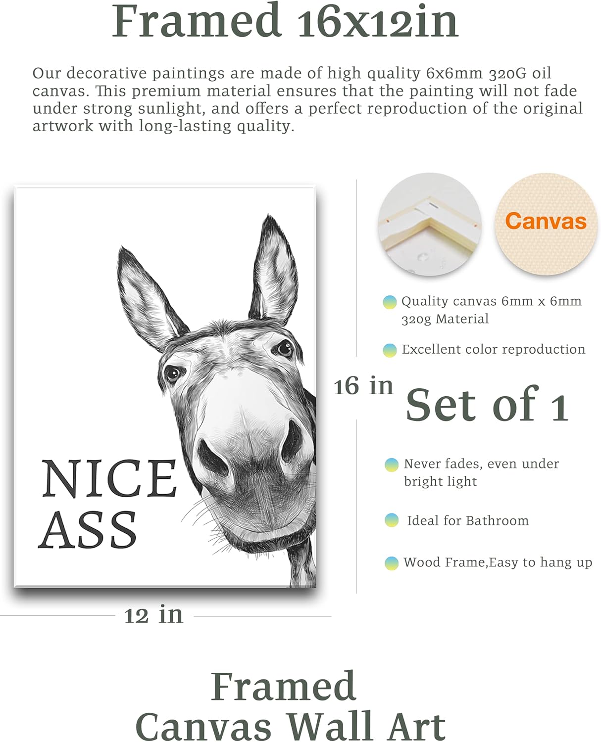 UPWOIGH Funny Bathroom Wall Art - Black and White Donkey Canvas Print | Waterproof Framed Decor, 12x16in