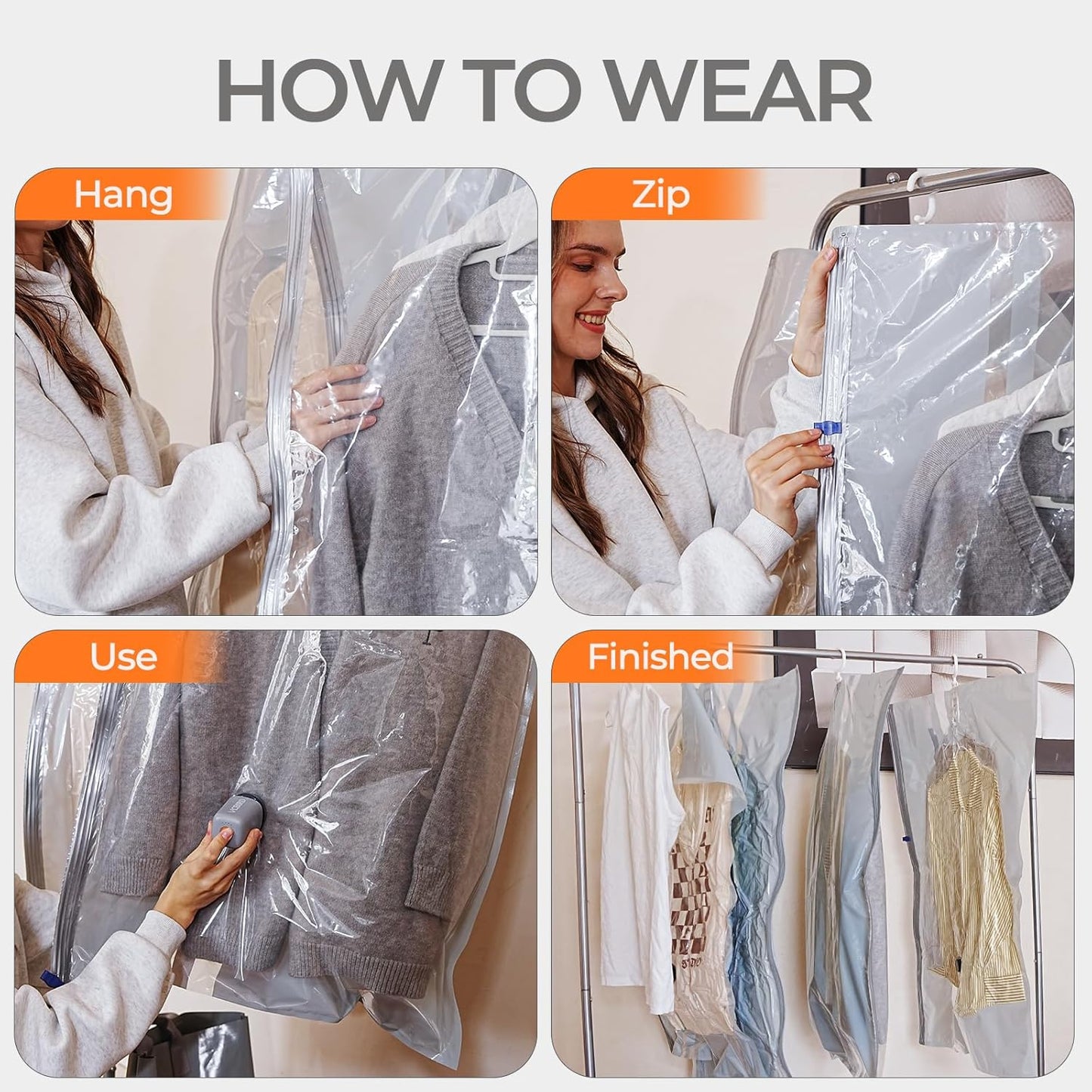 Vacbird Hanging Vacuum Storage Bags - 4 Pack Clothes Seal Bags for Coats, Dresses & Furs