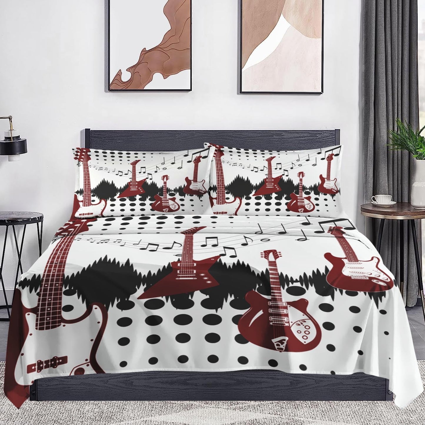 WeCozy Queen Size Bed Sheet Sets with Pillowcases, Guitar Rock Music 4 Pcs Soft Microfiber Bedding for Kids and Adults, Musical Play Flat, Fitted Sheet for Bedroom Bed Decor