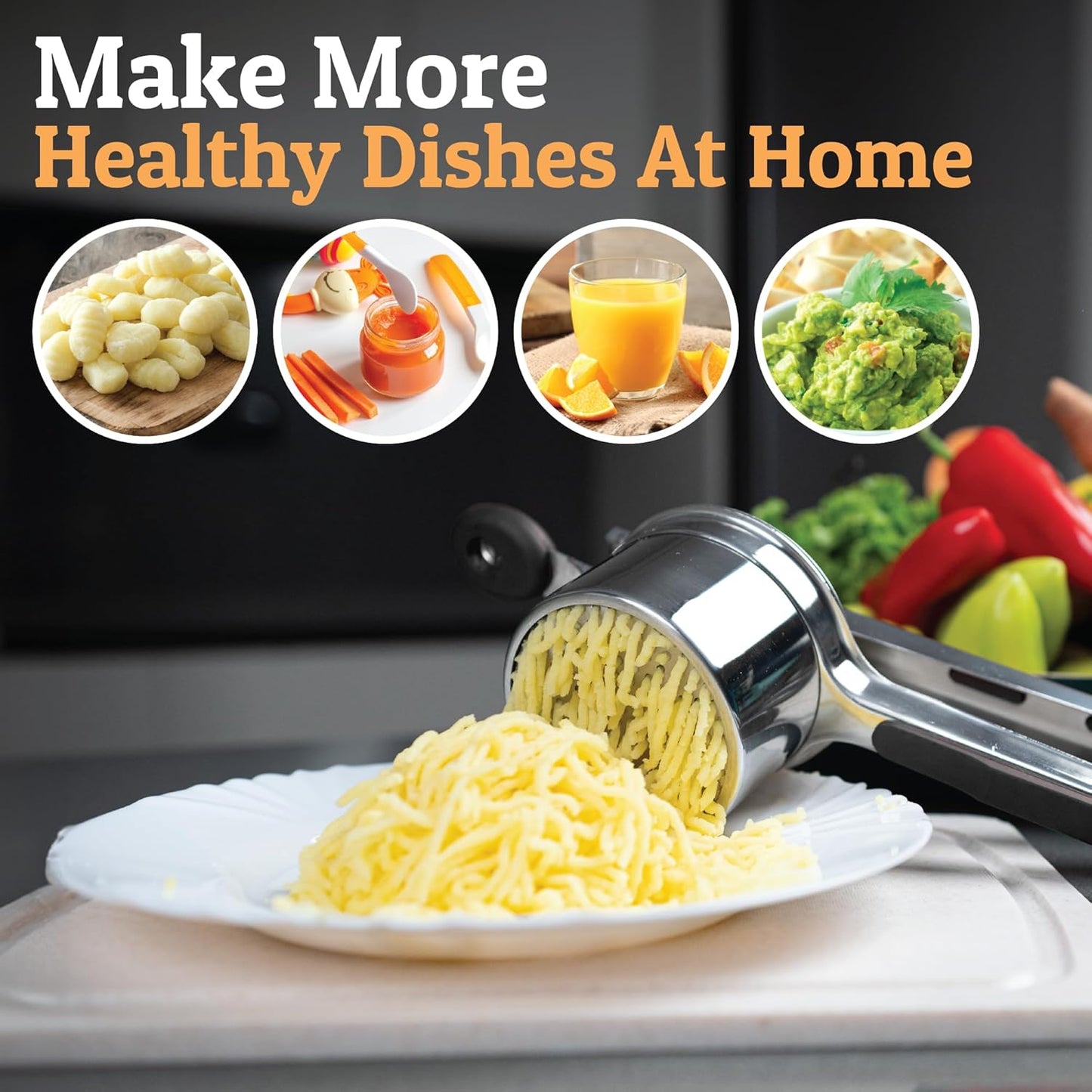PriorityChef 15oz Potato Ricer - Heavy Duty Stainless Steel Kitchen Tool with 3 Discs for Perfect Mashed Potatoes | Black