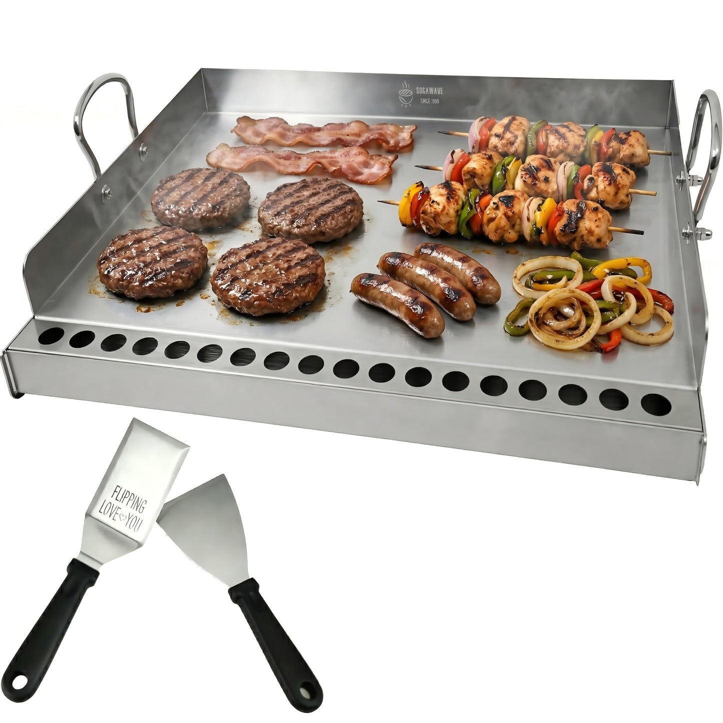 Universal Stainless Steel Flat Top Griddle Insert for Gas & Charcoal Grills – Nonstick, Even Heating & Easy Clean, Includes Turner & Scraper, Ideal for Outdoor BBQ, Tailgating & Camping, 23" x 16"