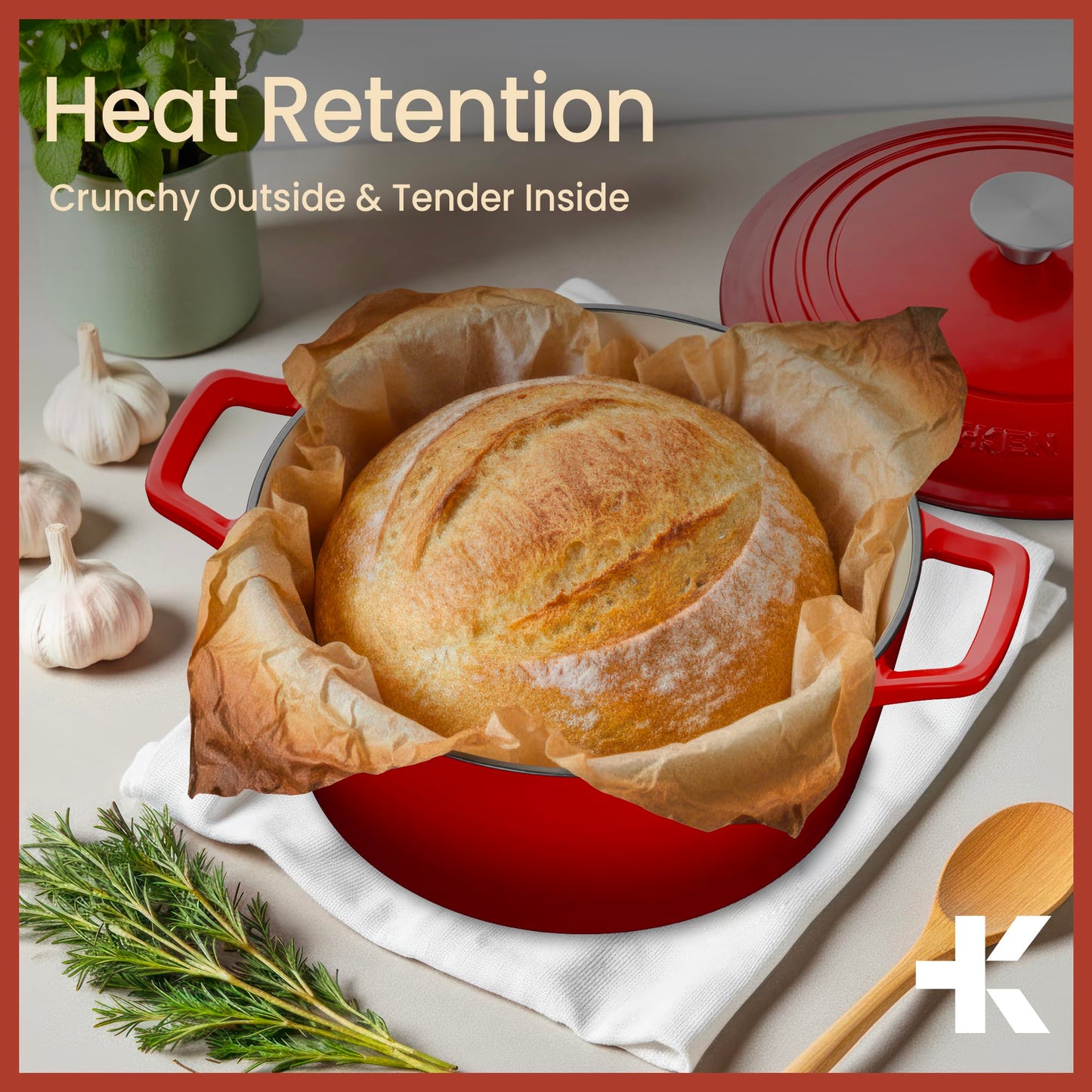 Bakken Enameled Cast Iron Dutch Oven Pot, 6QT Dutch Oven for Bread Baking, Braising & Roasting, Kitchen & Campfire Cooking, Moisture-Locking Lid, Oven Safe Up To 500°F, Works on All Cooktops, Red