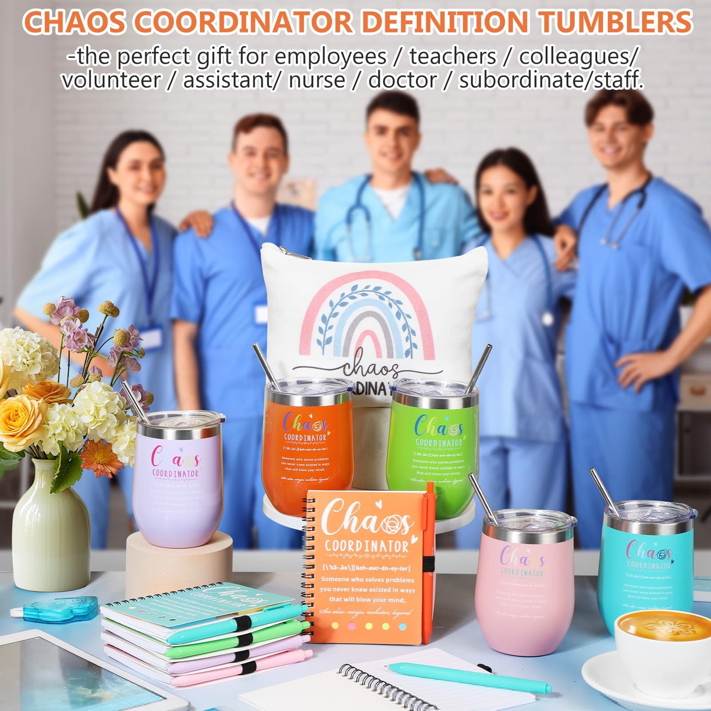 Sieral 24 Pcs Chaos Coordinator Gifts Employee Appreciation for Women Stainless Steel Tumbler with Lid Spiral Notebook with Sticky Note Pen Makeup Bag Thank You Gifts for Coworker Teacher Nurse